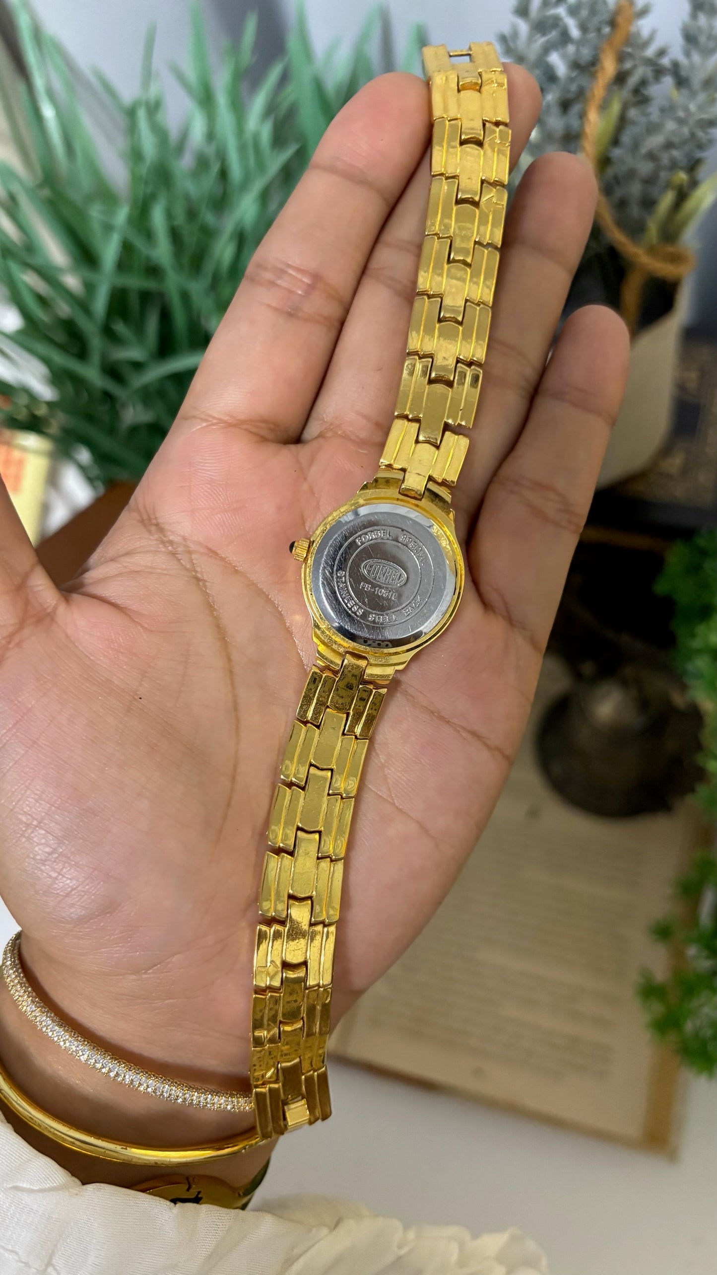 Vintage Forbel Pearl & Diamond Round Dress Watch with Five-Link Bracelet in Gold Tone Quartz