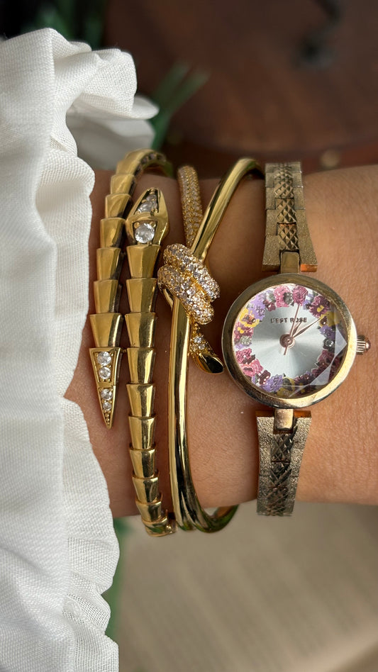 Vintage L'est Rose Watch in Gold Tone Flower Painted Dial