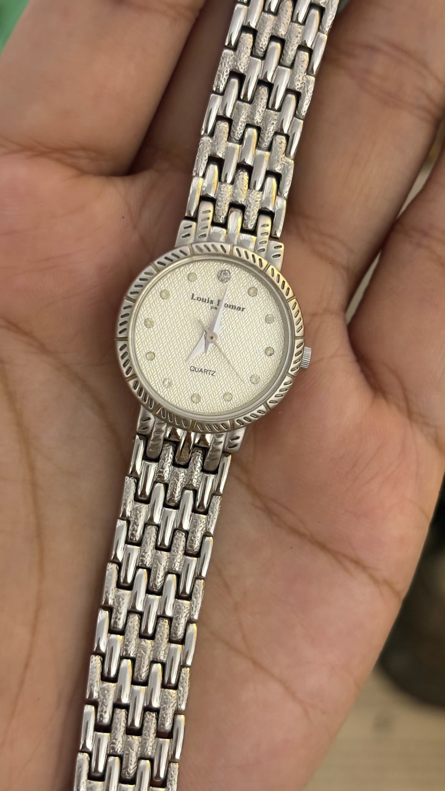 Vintage Louis Domar Paris Diamond Marker Watch with Textured Five-Link Bracelet in Silver Tone Quartz