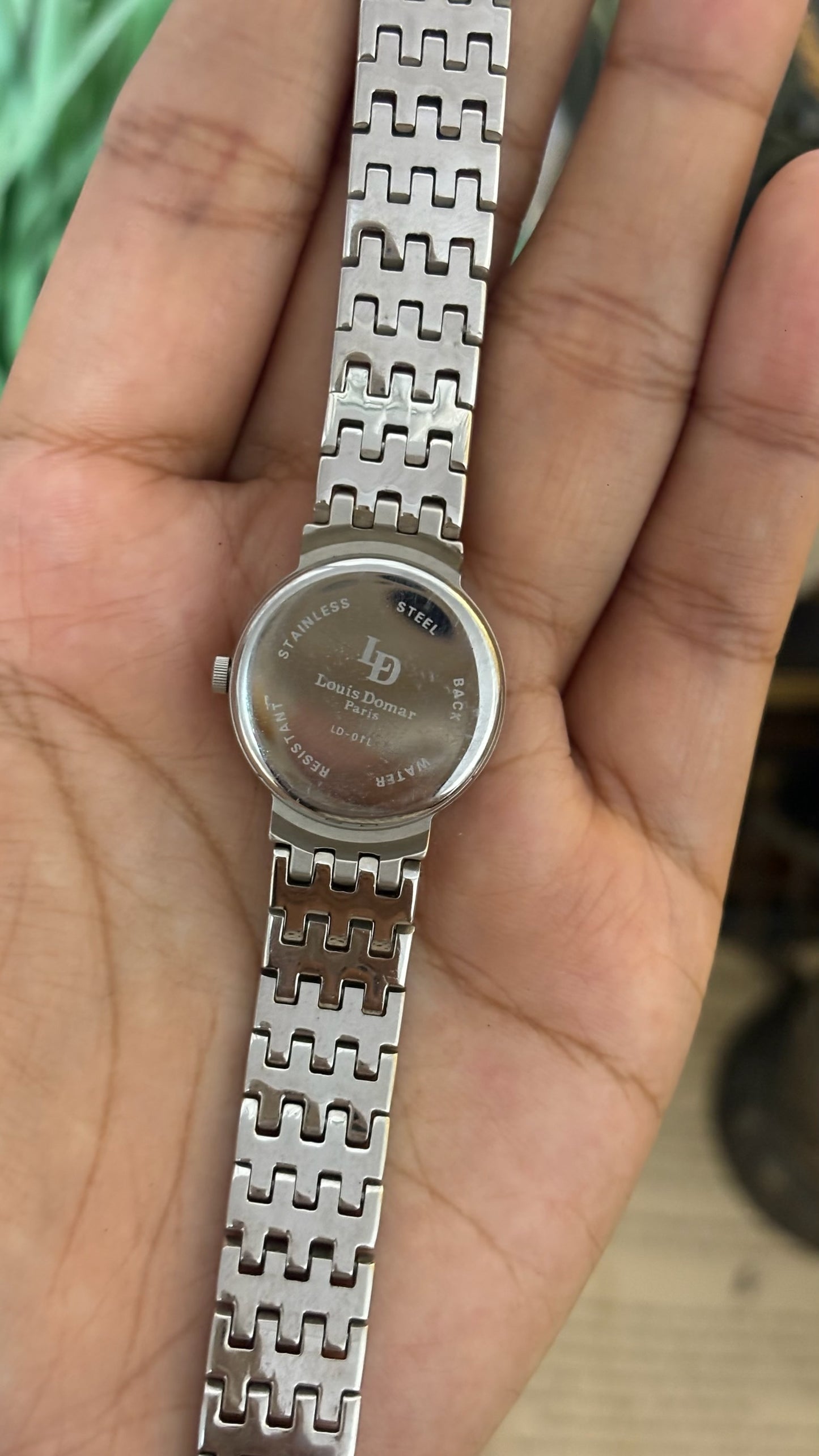 Vintage Louis Domar Paris Diamond Marker Watch with Textured Five-Link Bracelet in Silver Tone Quartz