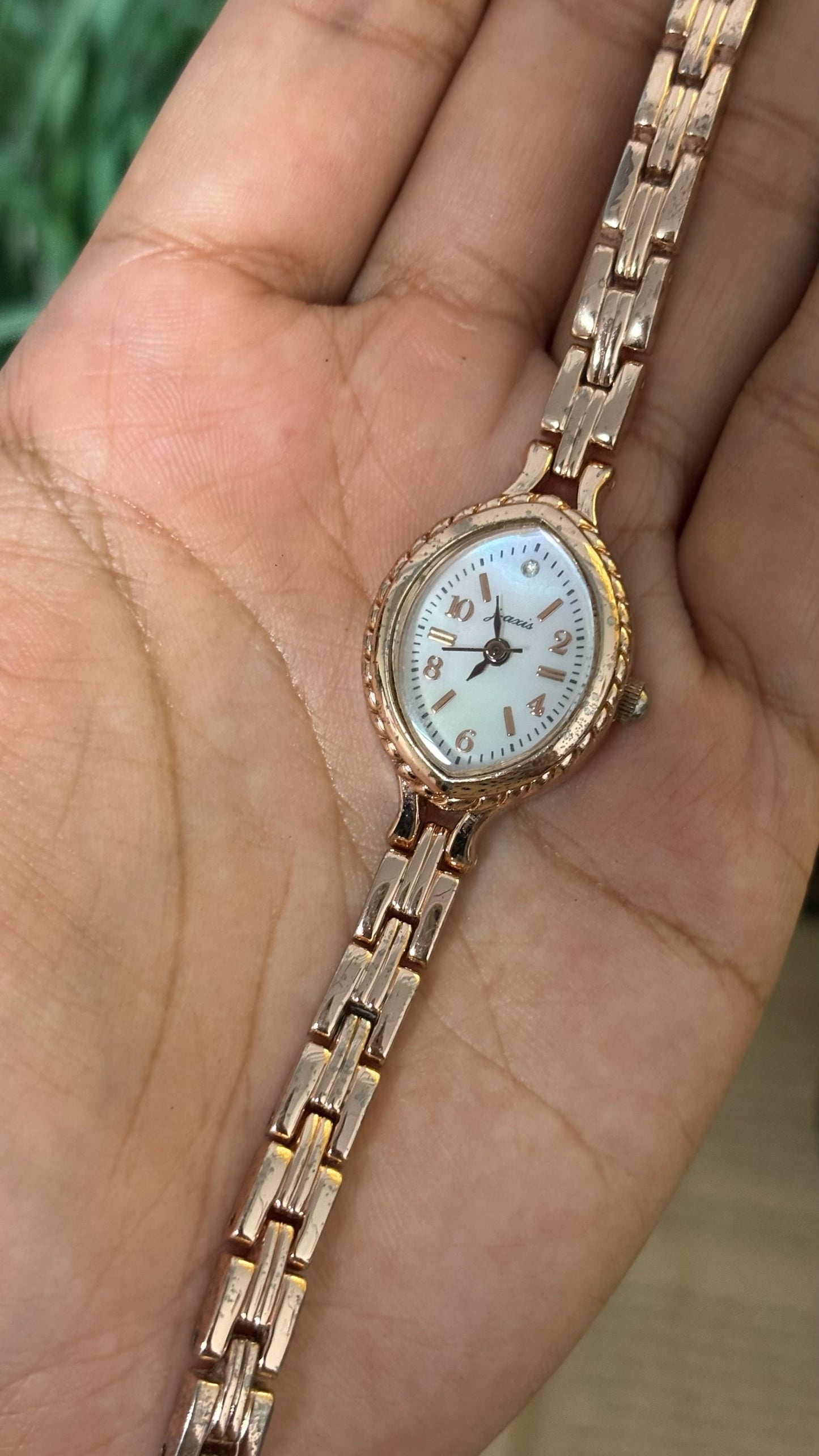 Vintage Jaxis Almond-Shaped Bezel Watch with Single-Link Bracelet in Rose Gold Tone Quartz