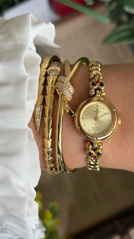 Vintage Junghans Astra Swiss Watch in Gold Tone Heart Straps with Garnet Stones