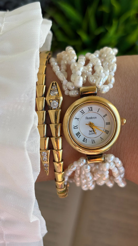 Vintage Armitron Freshwater Pearl Summer Watch in Gold Tone Roman Dial
