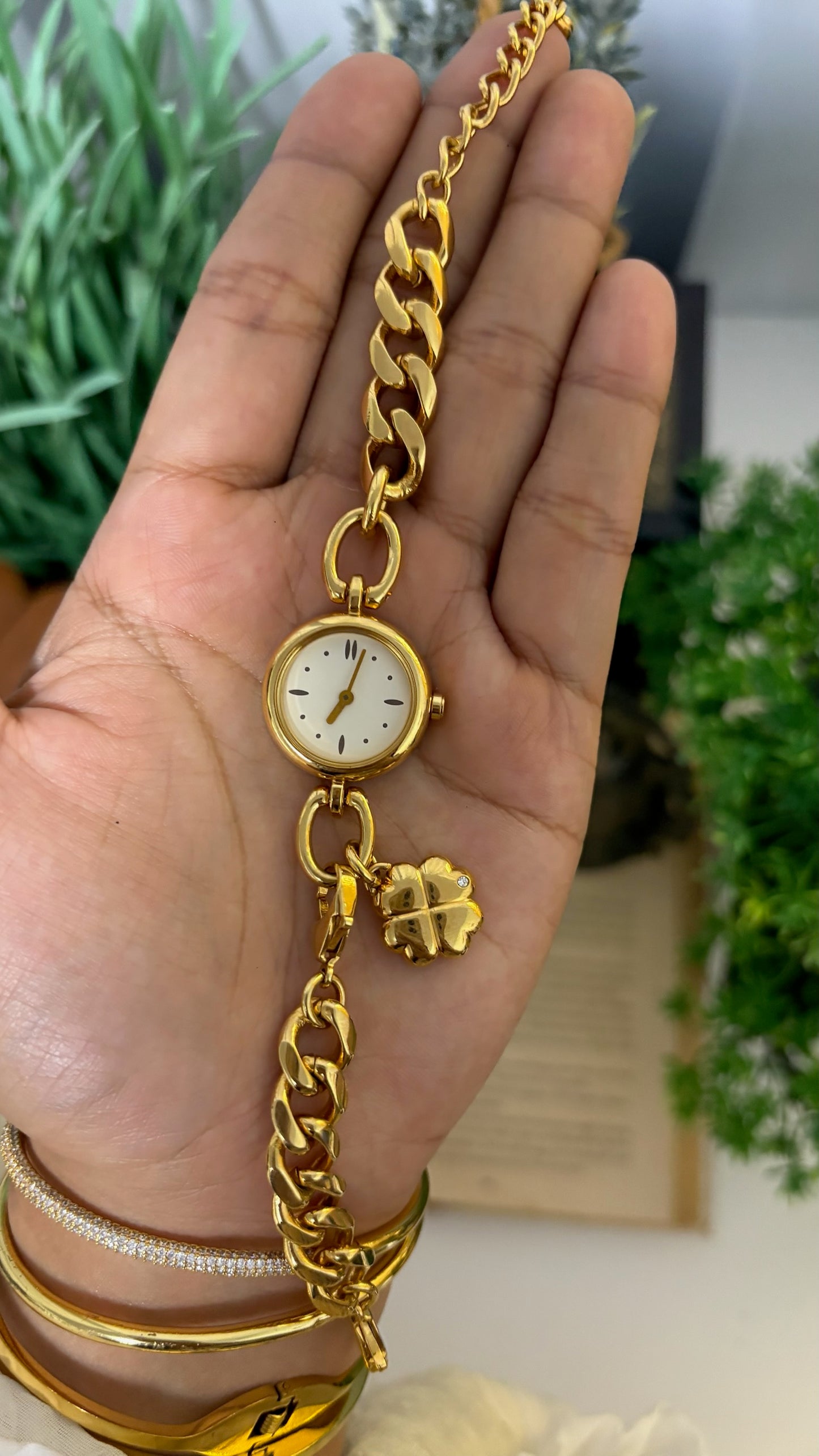 Vintage Noevir Round Minimalist Watch with Curb Chain and Clover Charm Bracelet in Gold Tone Quartz