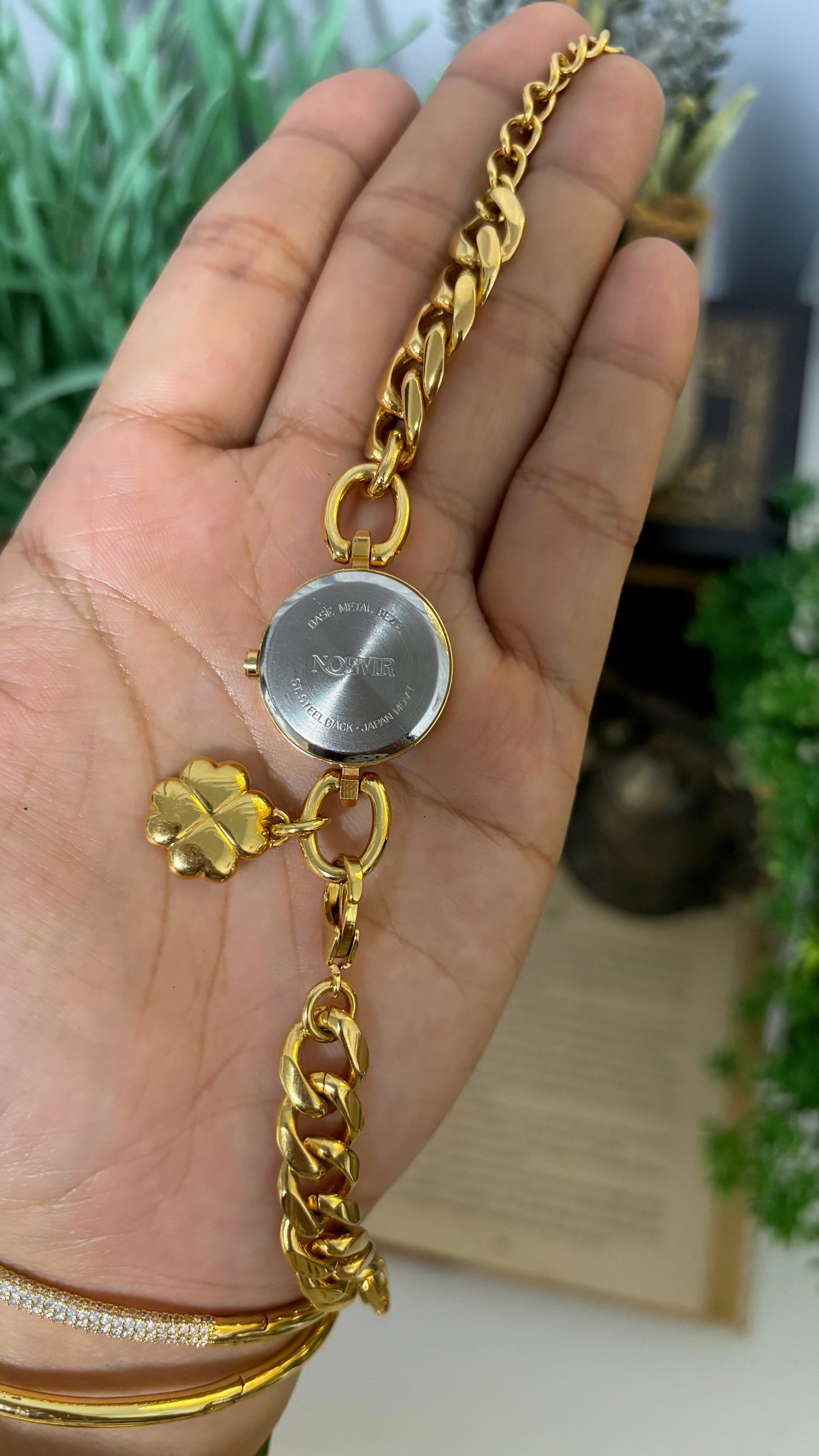 Vintage Noevir Round Minimalist Watch with Curb Chain and Clover Charm Bracelet in Gold Tone Quartz