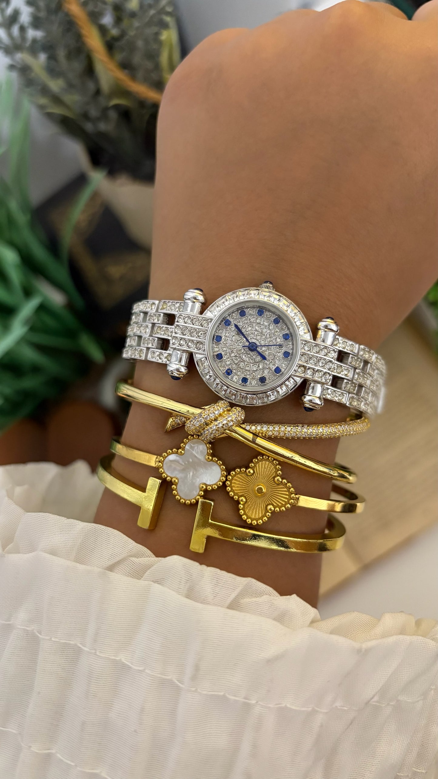 Vintage Louis Lasserre Full Crystal Pavé Watch with Blue Accents in Silver Tone Quartz