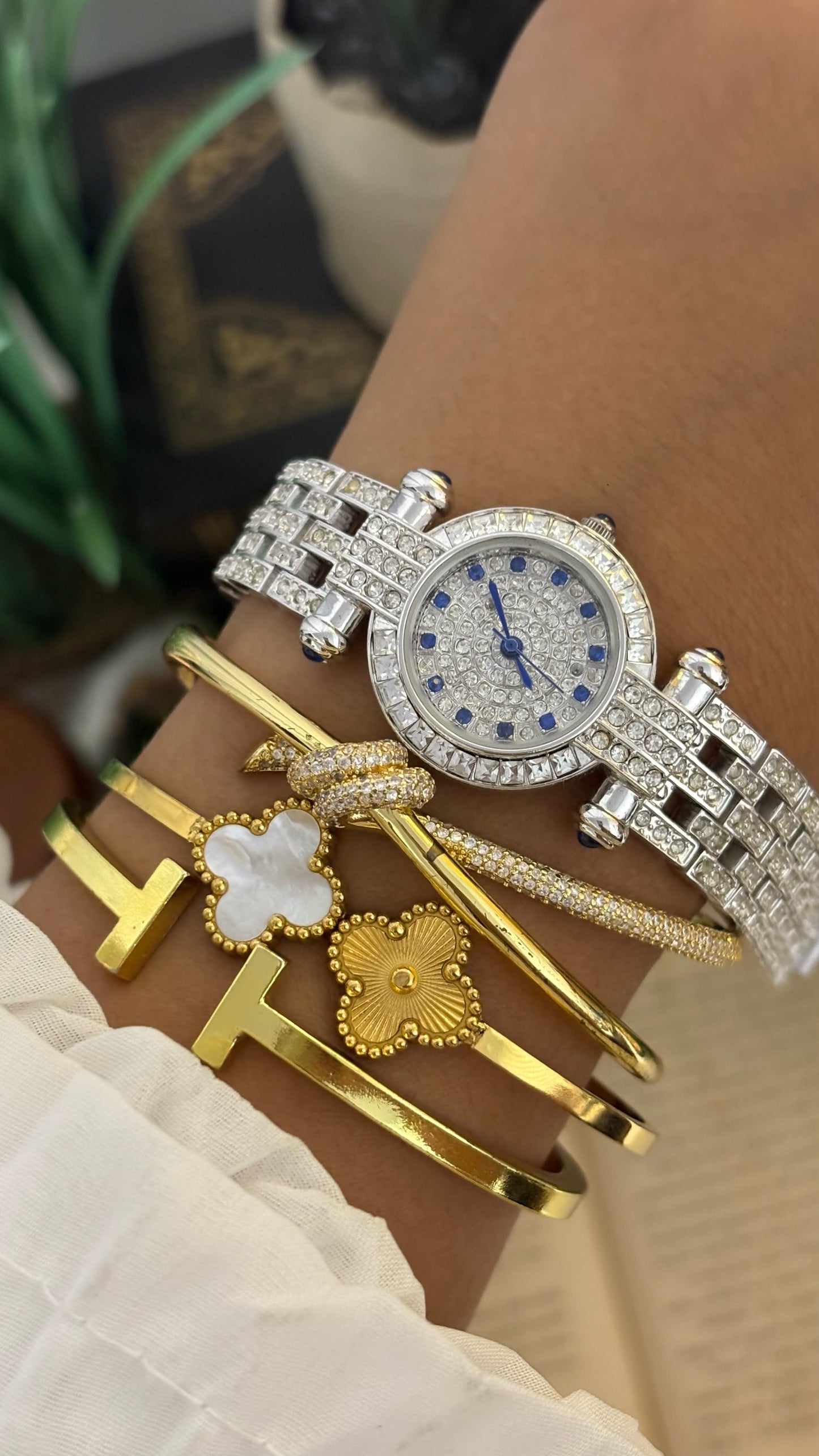 Vintage Louis Lasserre Full Crystal Pavé Watch with Blue Accents in Silver Tone Quartz