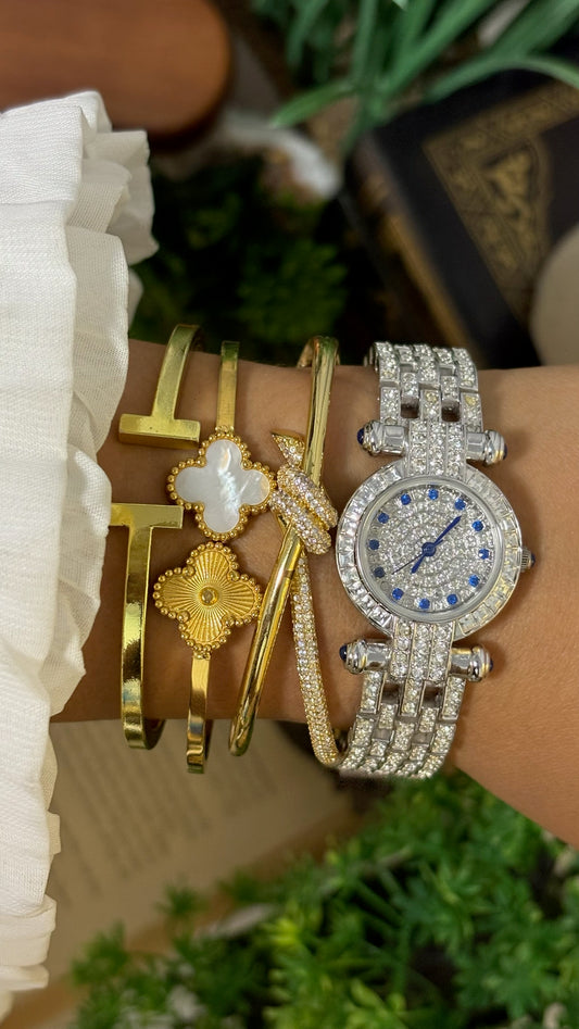 Vintage Louis Lasserre Full Crystal Pavé Watch with Blue Accents in Silver Tone Quartz