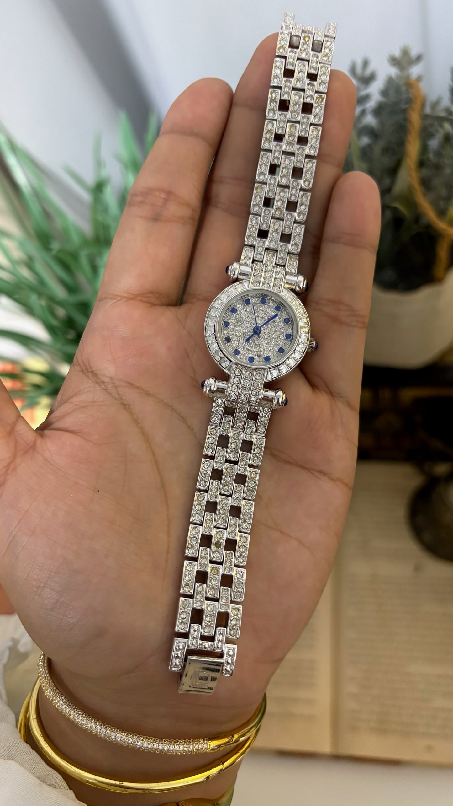 Vintage Louis Lasserre Full Crystal Pavé Watch with Blue Accents in Silver Tone Quartz