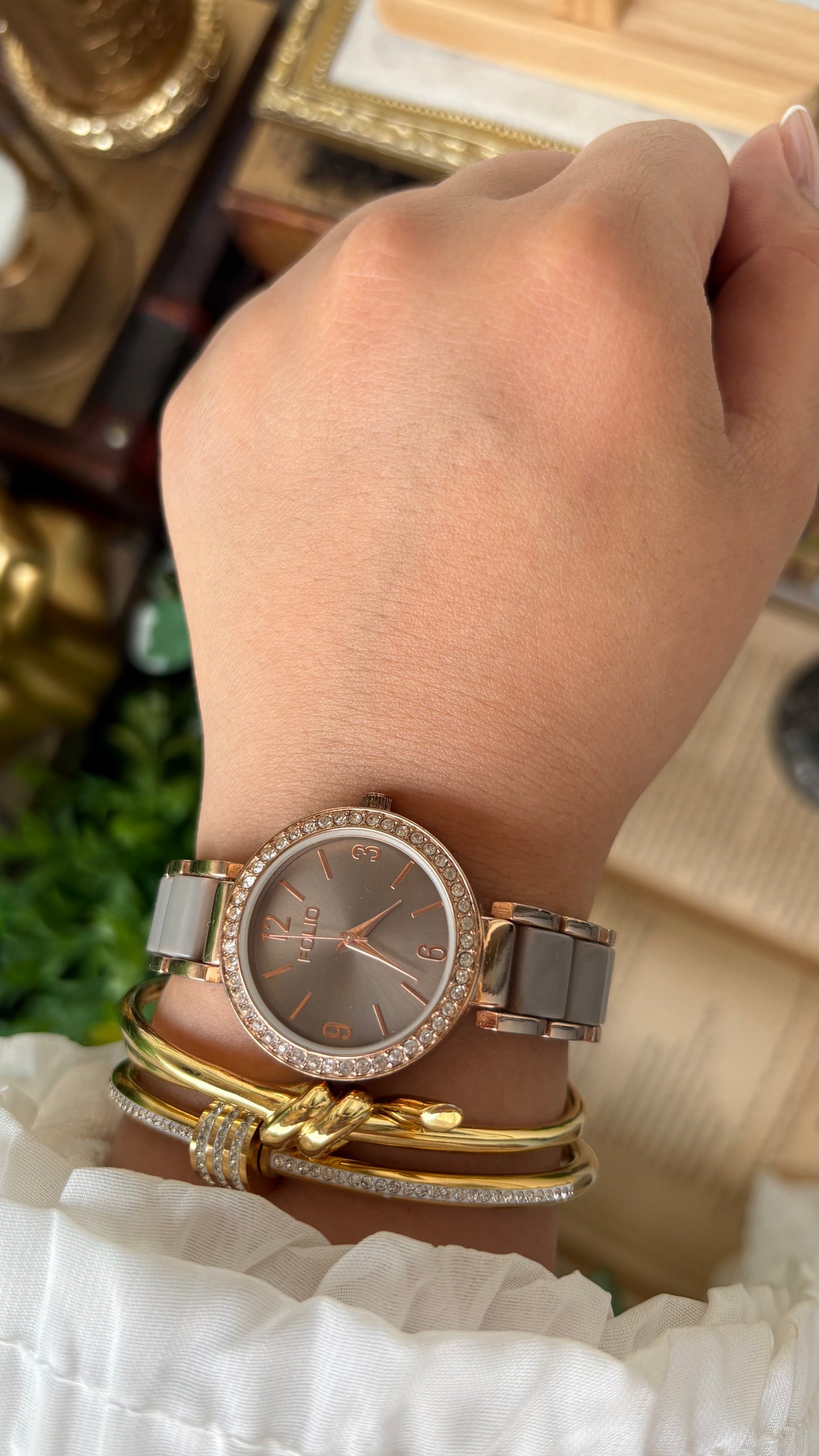 Vintage Folio by Fossil Rhinestone Bezel Watch in Rose Gold Two-Tone Dark Silver Dial Japan Quartz