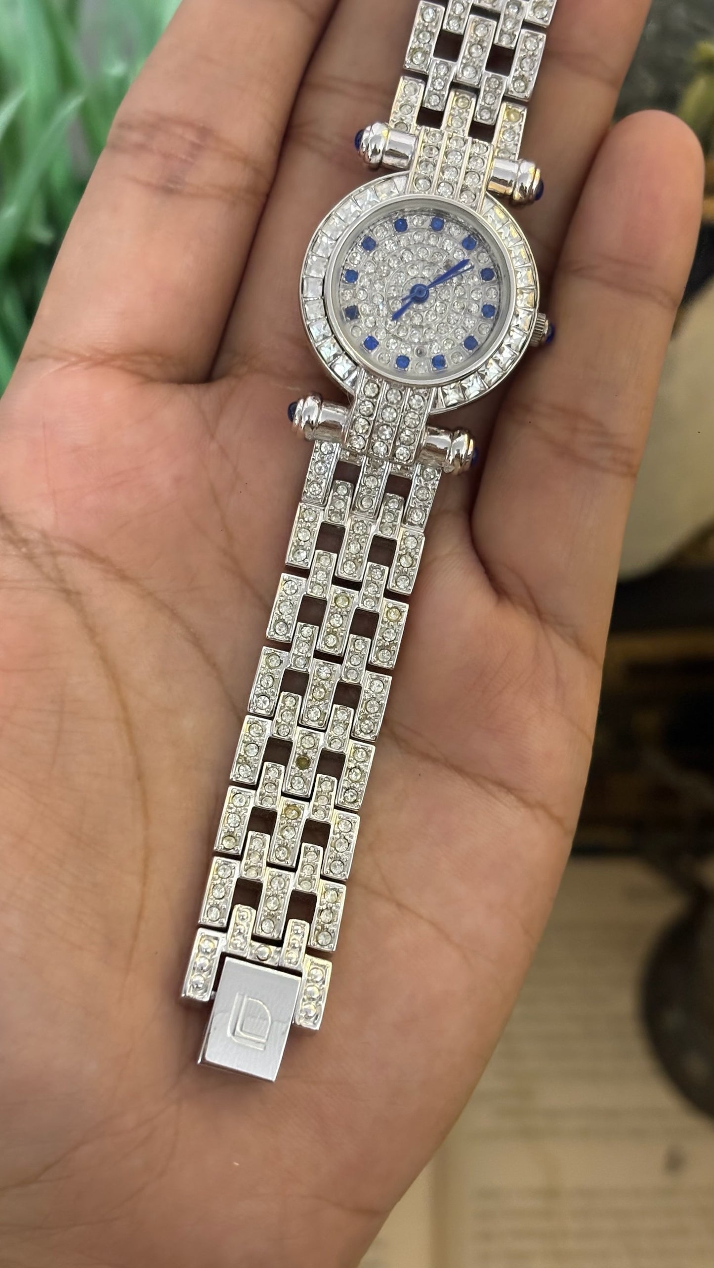 Vintage Louis Lasserre Full Crystal Pavé Watch with Blue Accents in Silver Tone Quartz