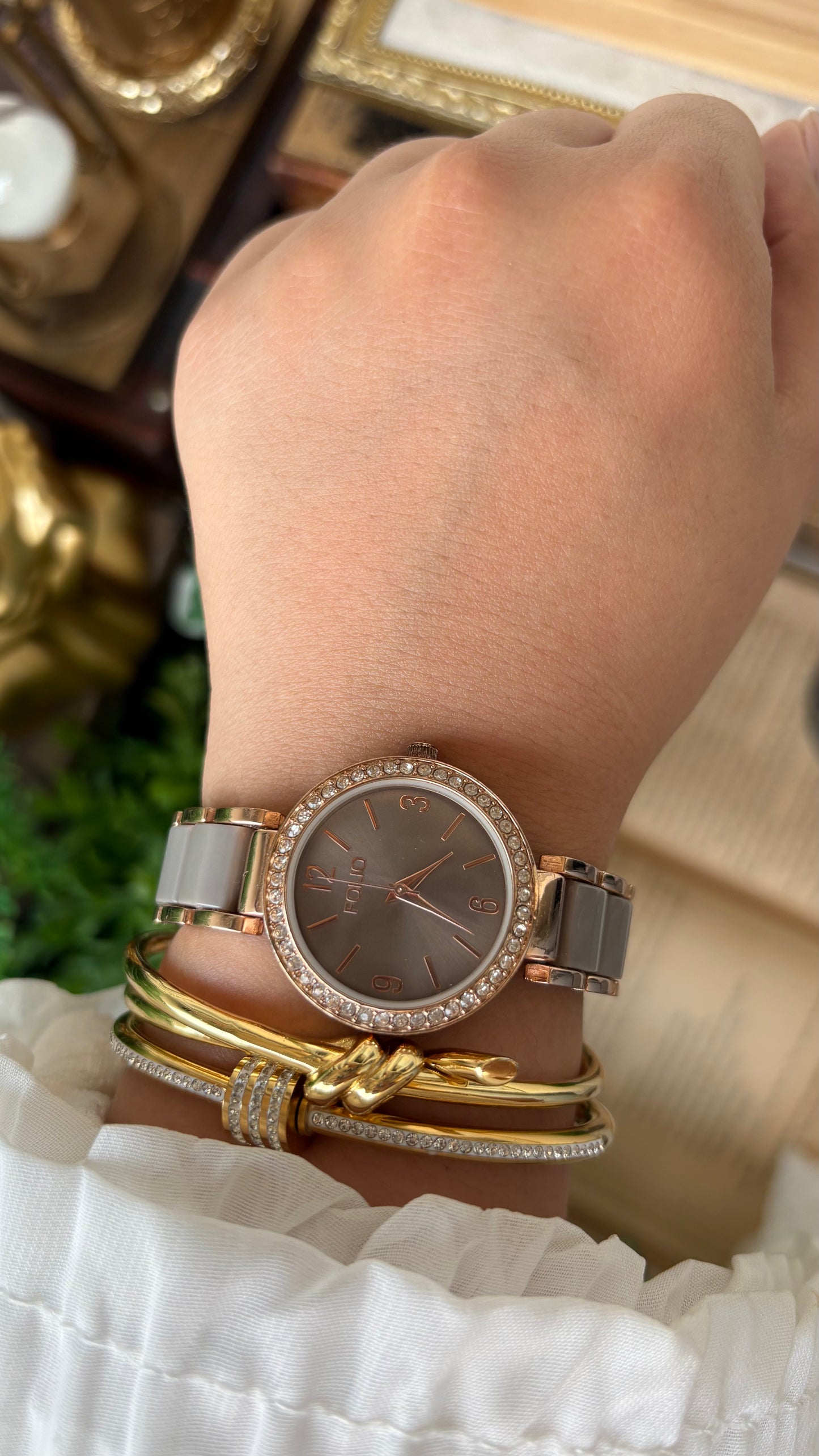 Vintage Folio by Fossil Rhinestone Bezel Watch in Rose Gold Two-Tone Dark Silver Dial Japan Quartz