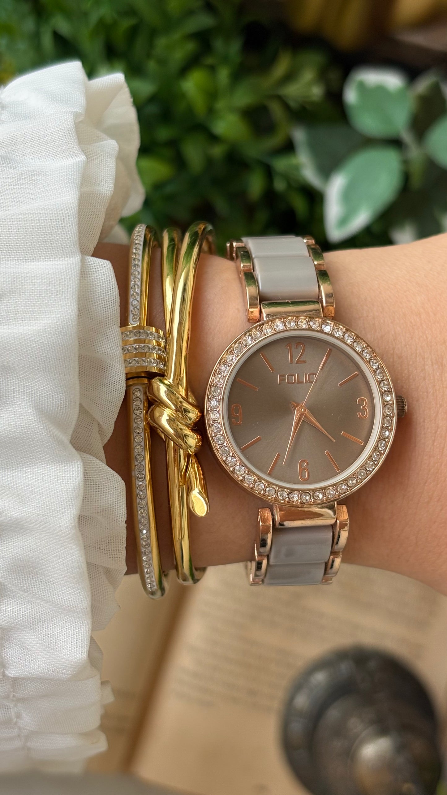 Vintage Folio by Fossil Rhinestone Bezel Watch in Rose Gold Two-Tone Dark Silver Dial Japan Quartz