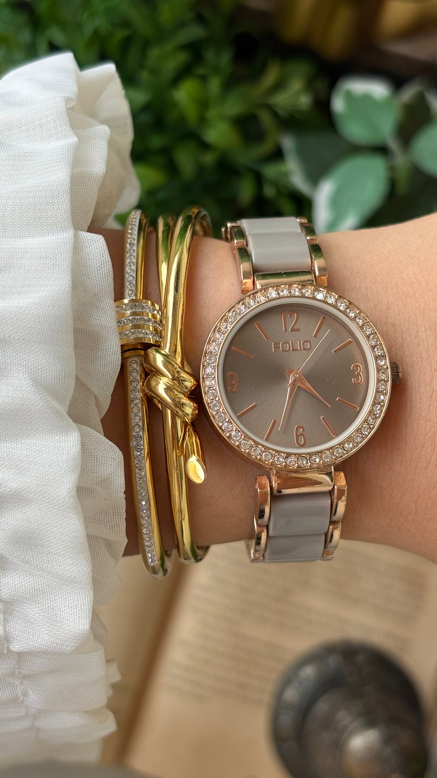 Vintage Folio by Fossil Rhinestone Bezel Watch in Rose Gold Two-Tone Dark Silver Dial Japan Quartz