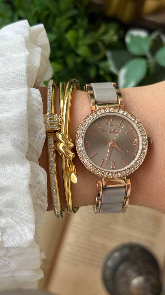 Vintage Folio by Fossil Rhinestone Bezel Watch in Rose Gold Two-Tone Dark Silver Dial Japan Quartz