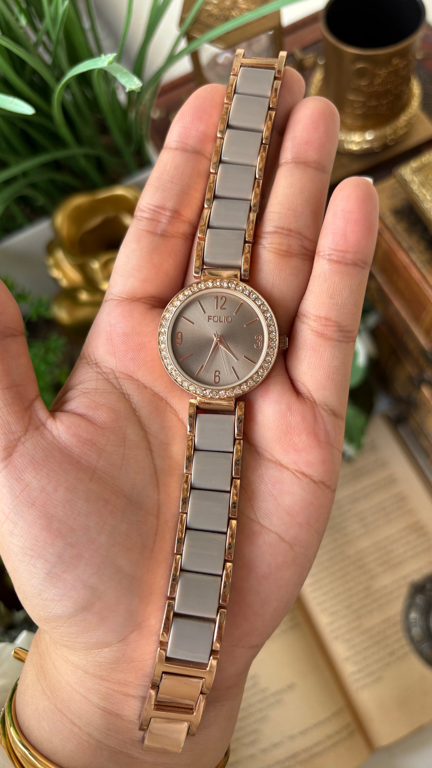 Vintage Folio by Fossil Rhinestone Bezel Watch in Rose Gold Two-Tone Dark Silver Dial Japan Quartz