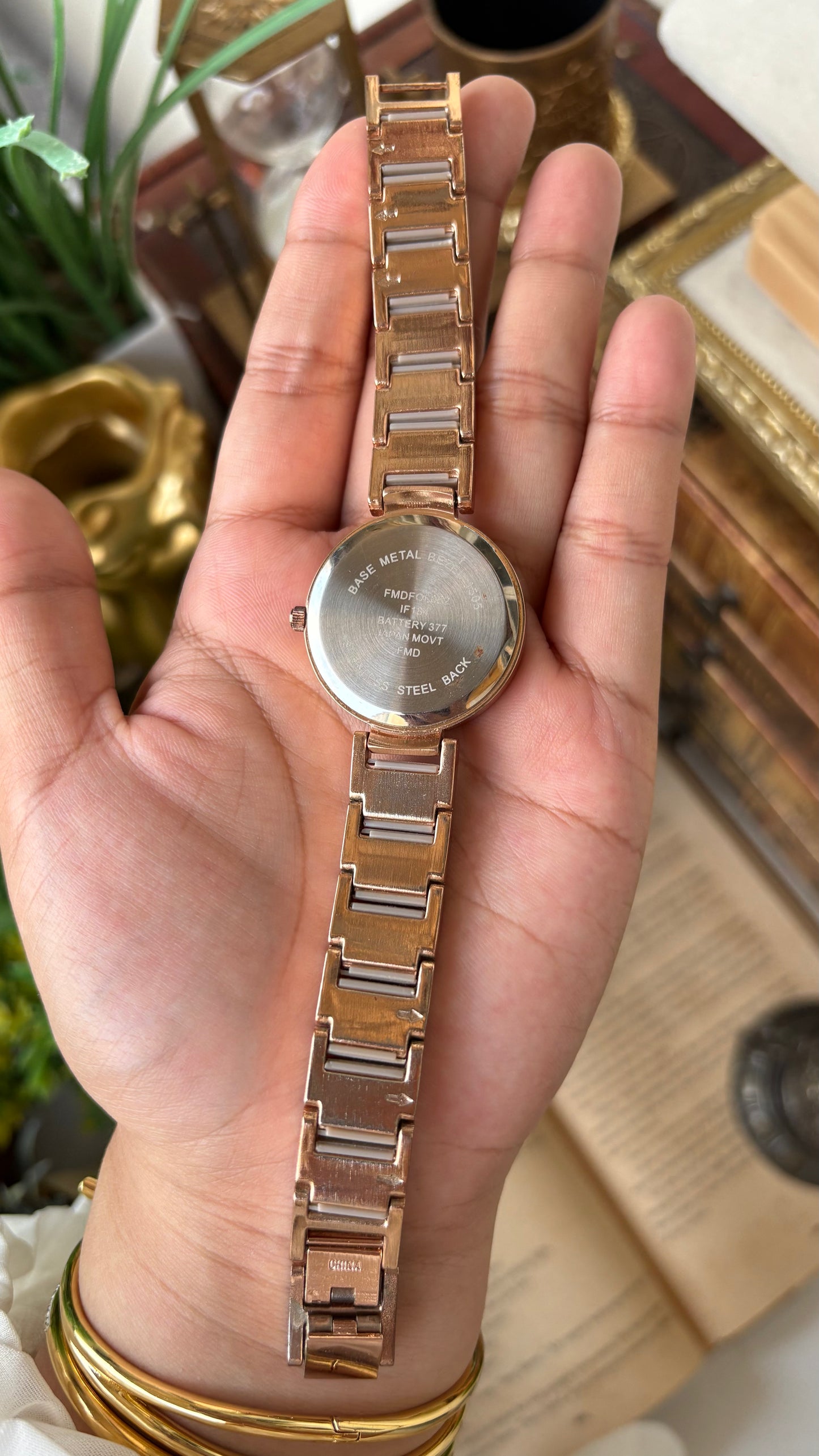 Vintage Folio by Fossil Rhinestone Bezel Watch in Rose Gold Two-Tone Dark Silver Dial Japan Quartz