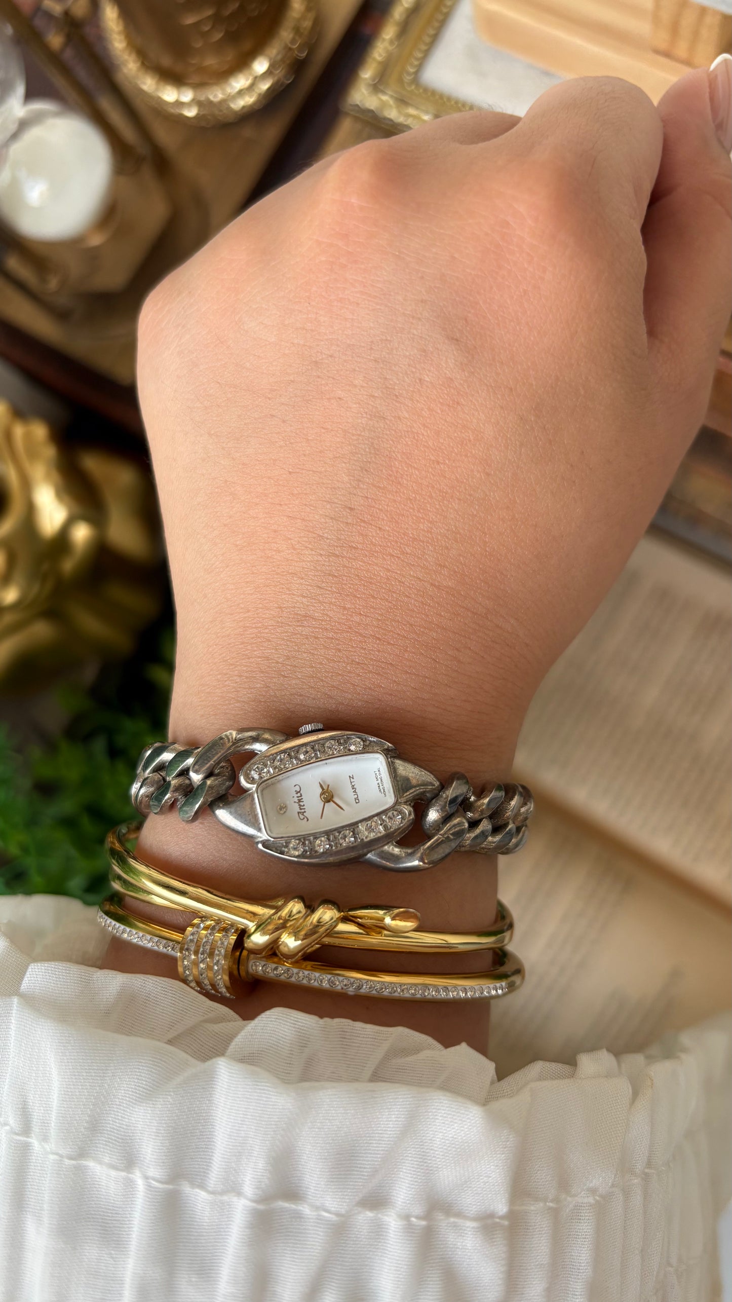 Vintage Arenix Rhinestone Bezel Chain Bracelet Watch in Silver Tone