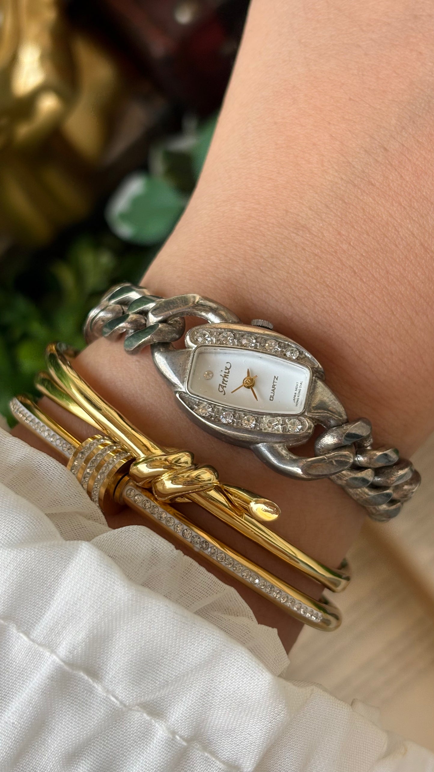 Vintage Arenix Rhinestone Bezel Chain Bracelet Watch in Silver Tone