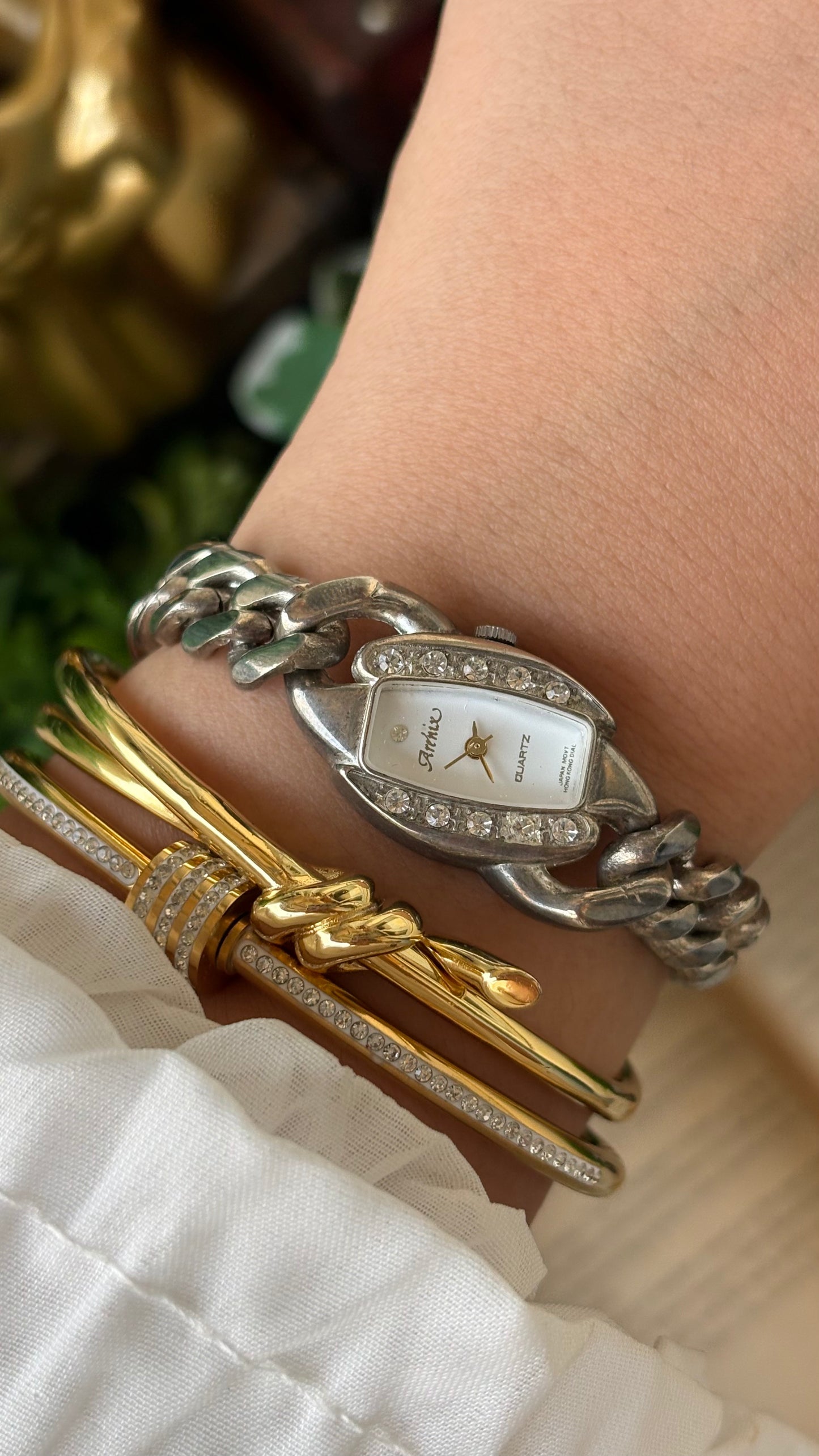 Vintage Arenix Rhinestone Bezel Chain Bracelet Watch in Silver Tone