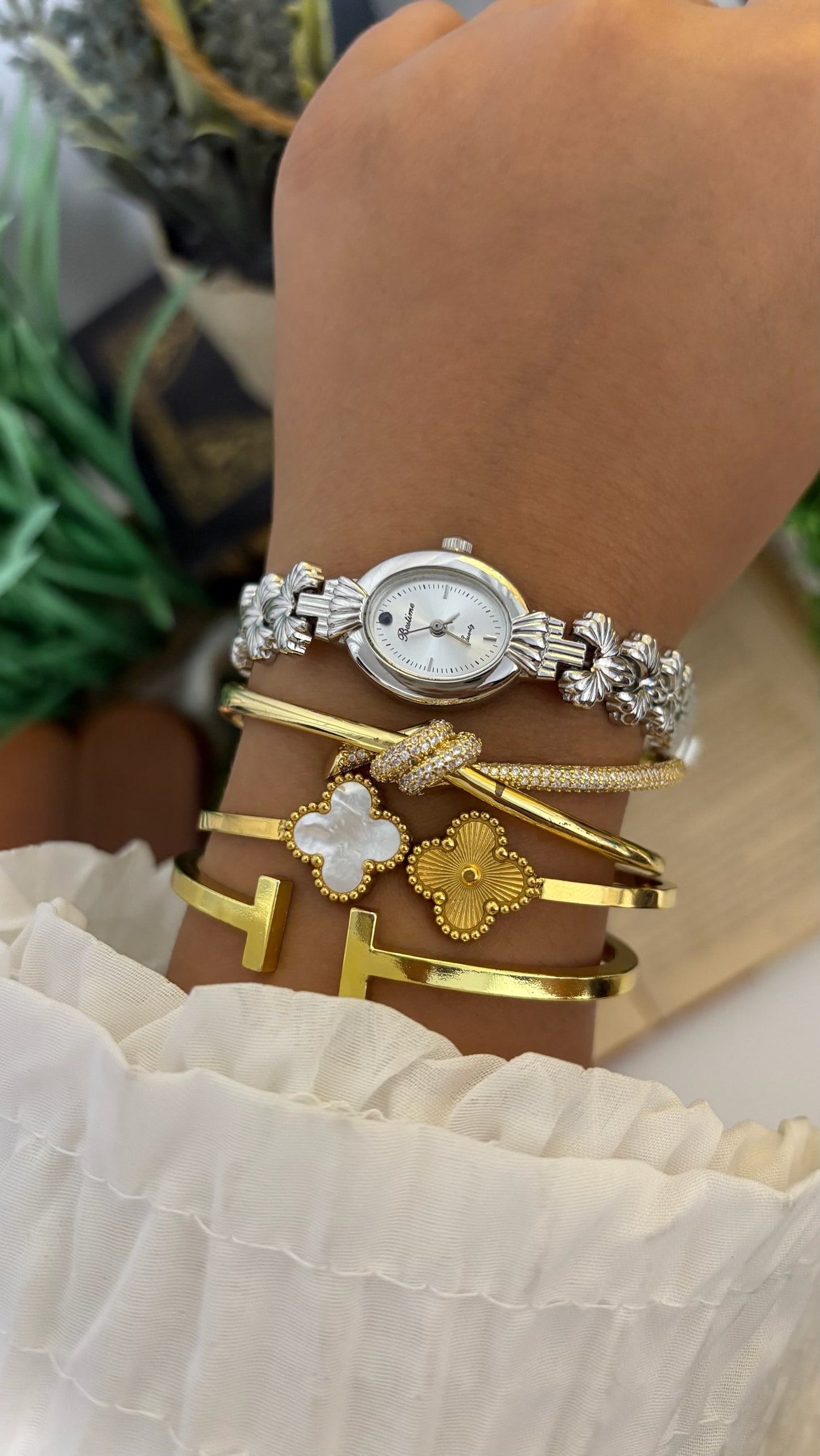 Vintage Bestime Oval Watch with Ornate Textured Floral Fan Links in Silver Tone Quartz