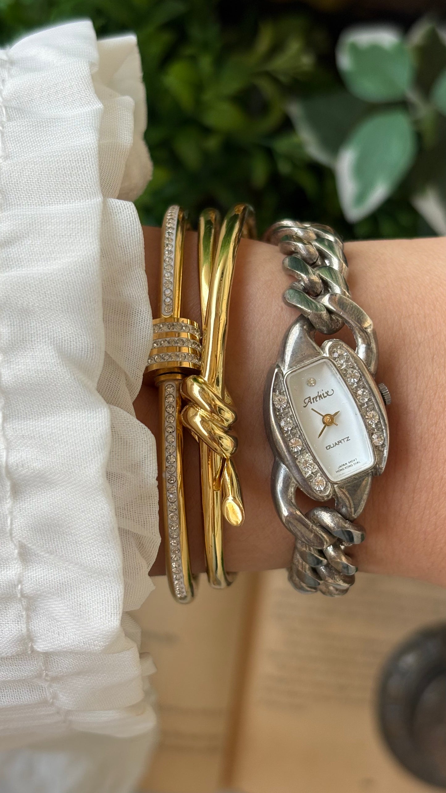 Vintage Arenix Rhinestone Bezel Chain Bracelet Watch in Silver Tone