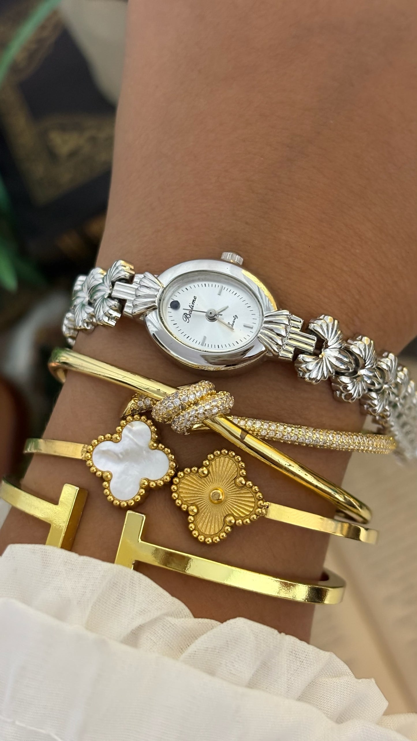 Vintage Bestime Oval Watch with Ornate Textured Floral Fan Links in Silver Tone Quartz