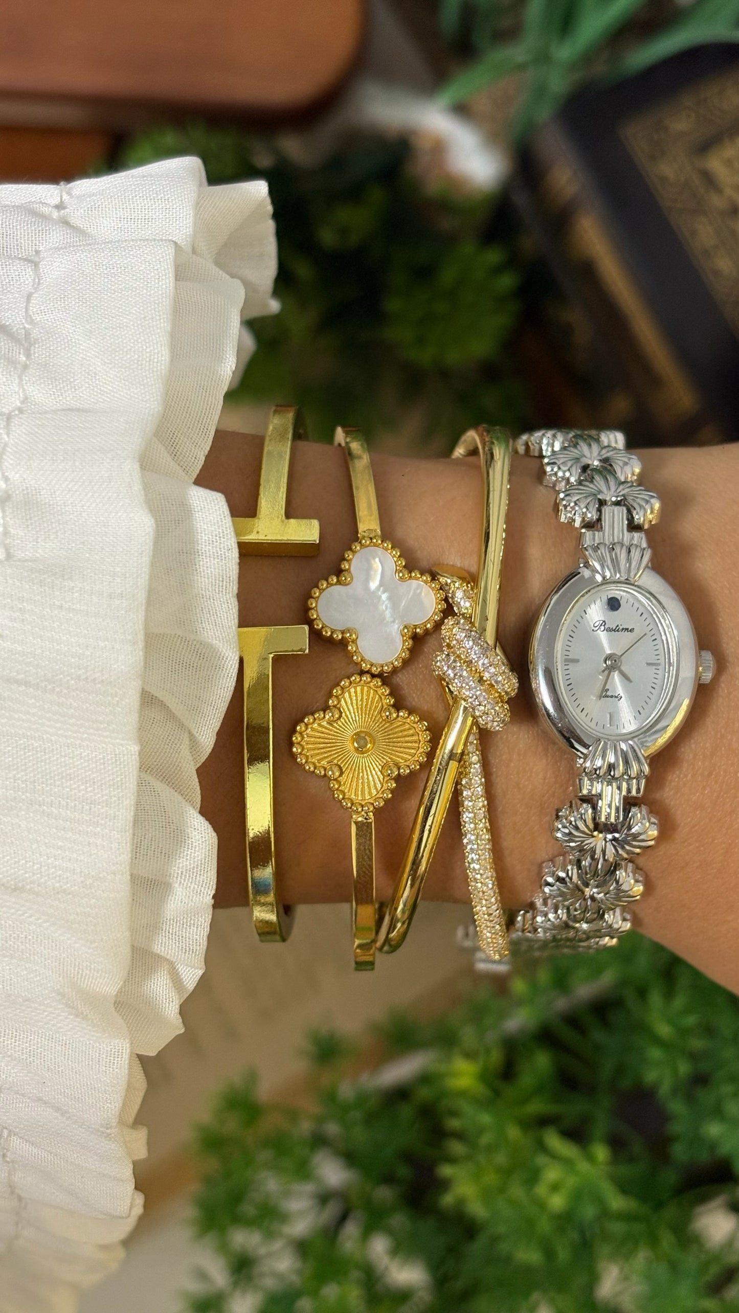 Vintage Bestime Oval Watch with Ornate Textured Floral Fan Links in Silver Tone Quartz