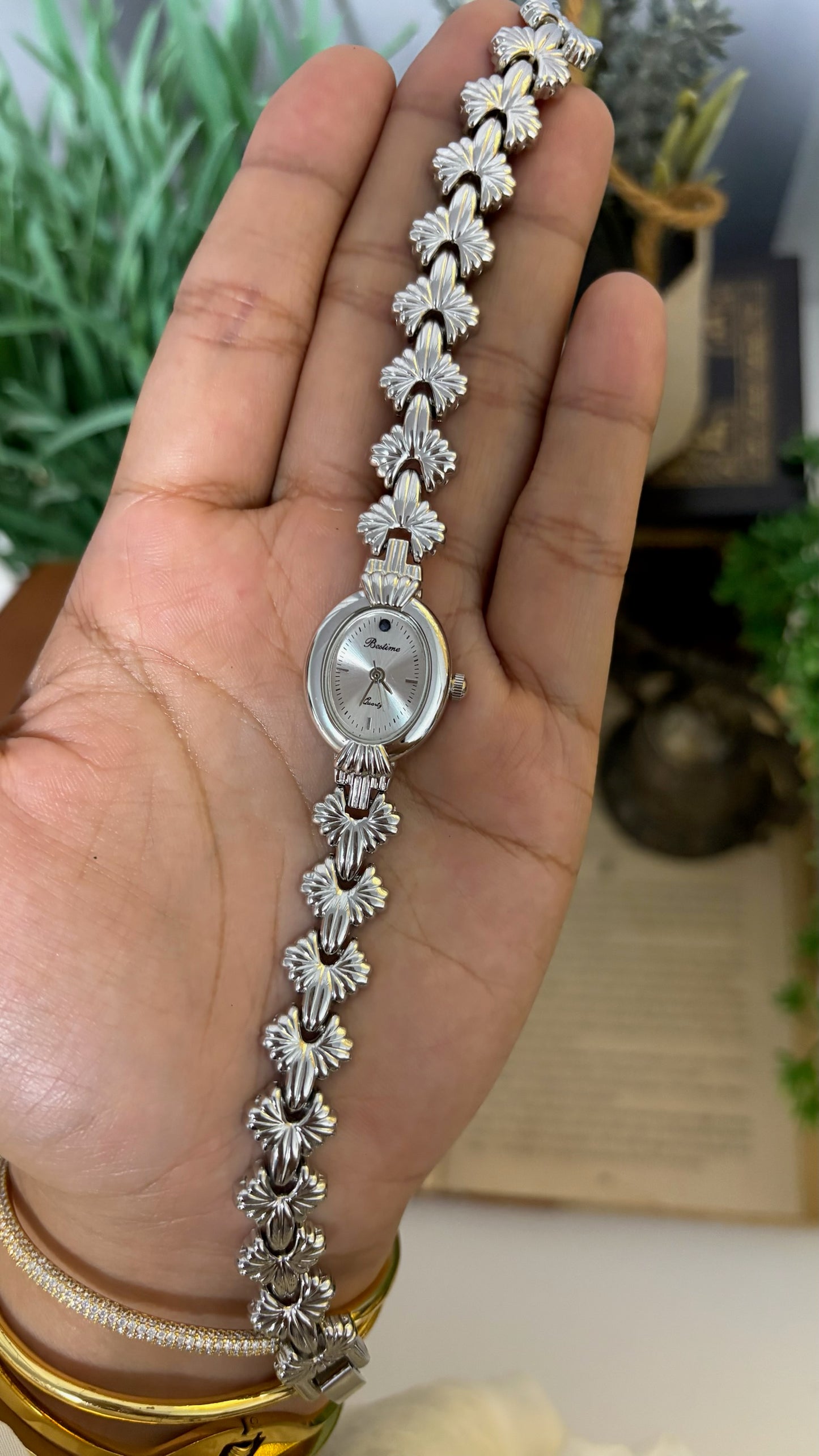 Vintage Bestime Oval Watch with Ornate Textured Floral Fan Links in Silver Tone Quartz