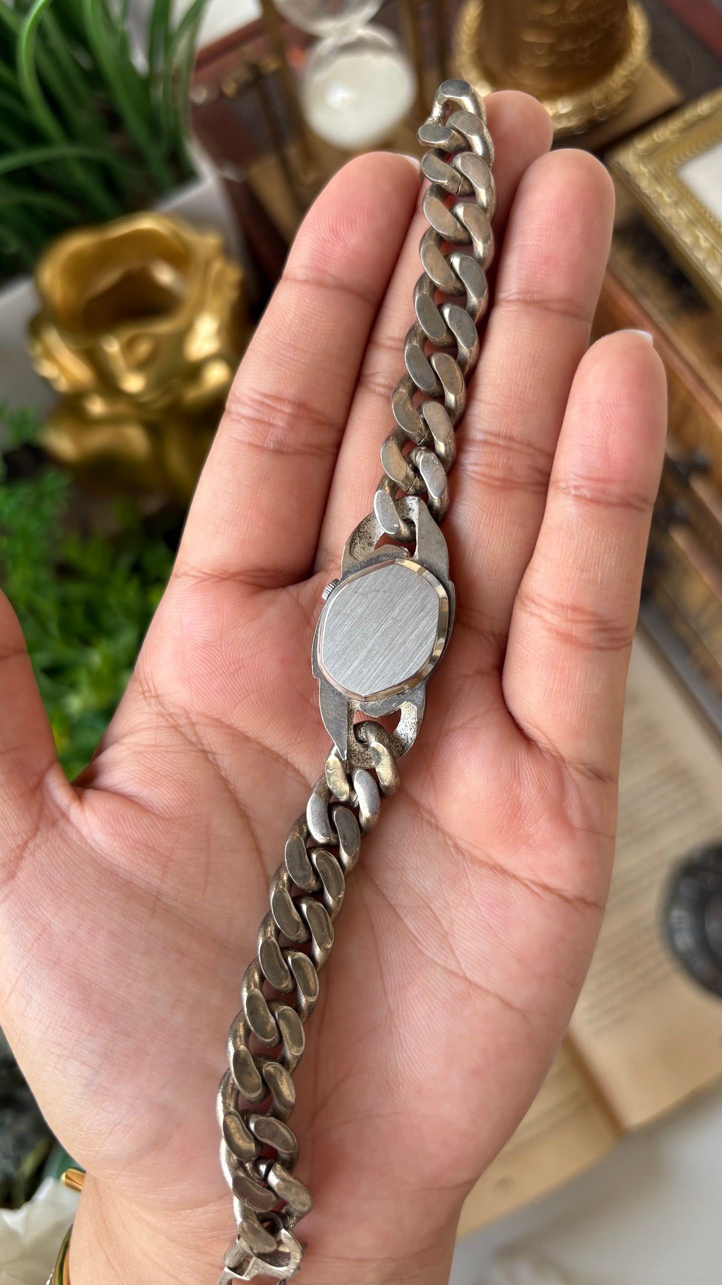 Vintage Arenix Rhinestone Bezel Chain Bracelet Watch in Silver Tone