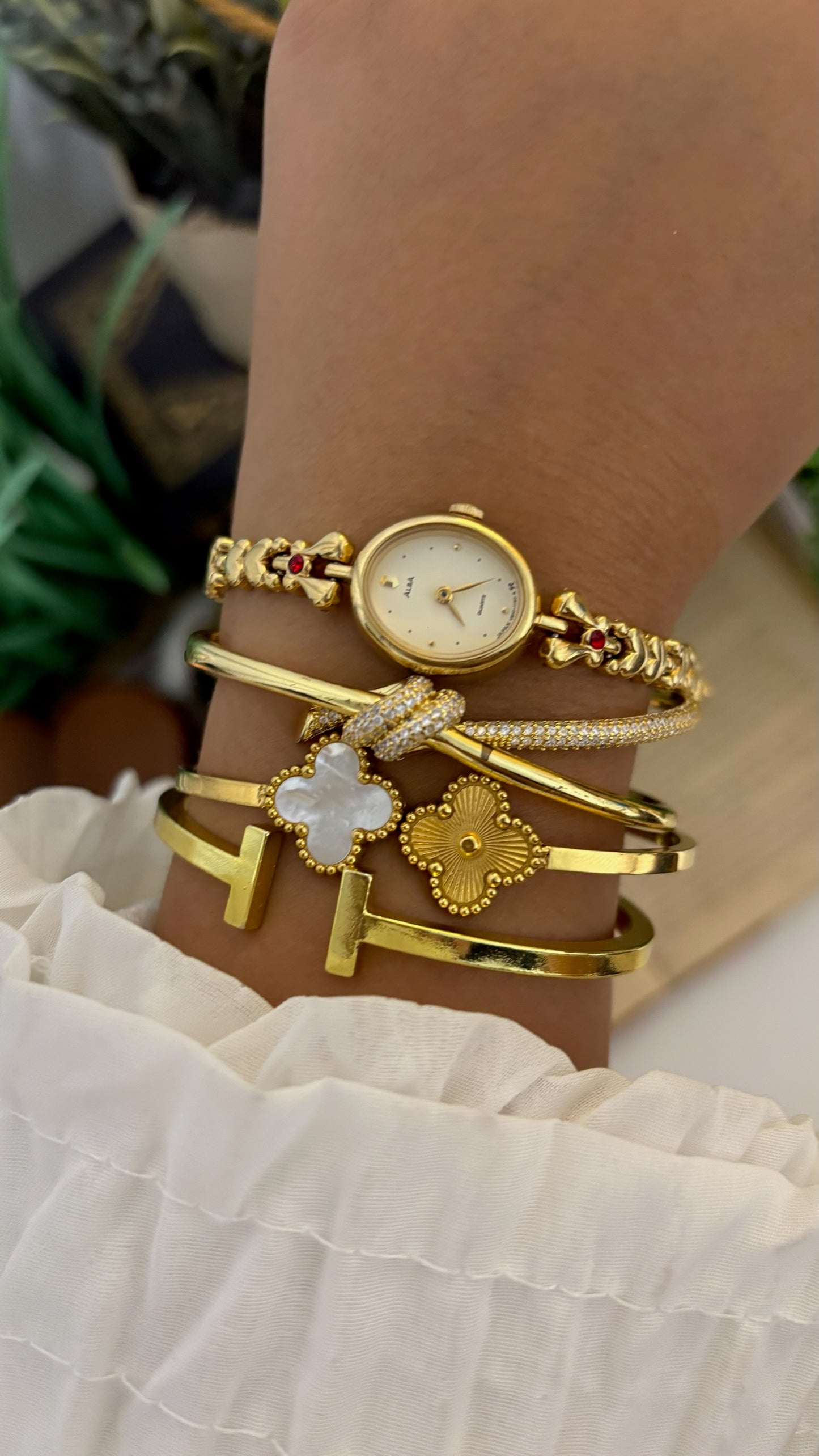 Vintage Alba Oval Dress Watch with Heart Link Chain and Red Stone Accents in Gold Tone Quartz