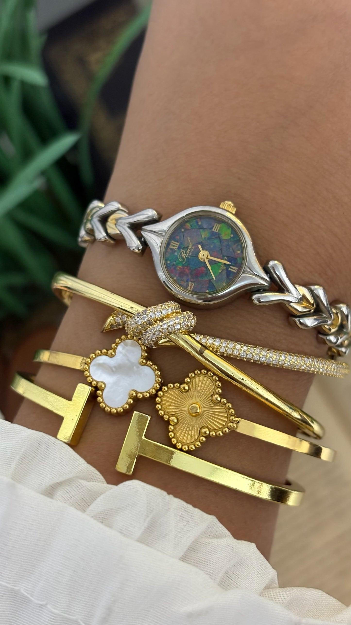 Vintage Ravel Swiss Faux-Opal Mosaic Dial Watch with Two-Tone V-Chevron Links in Quartz