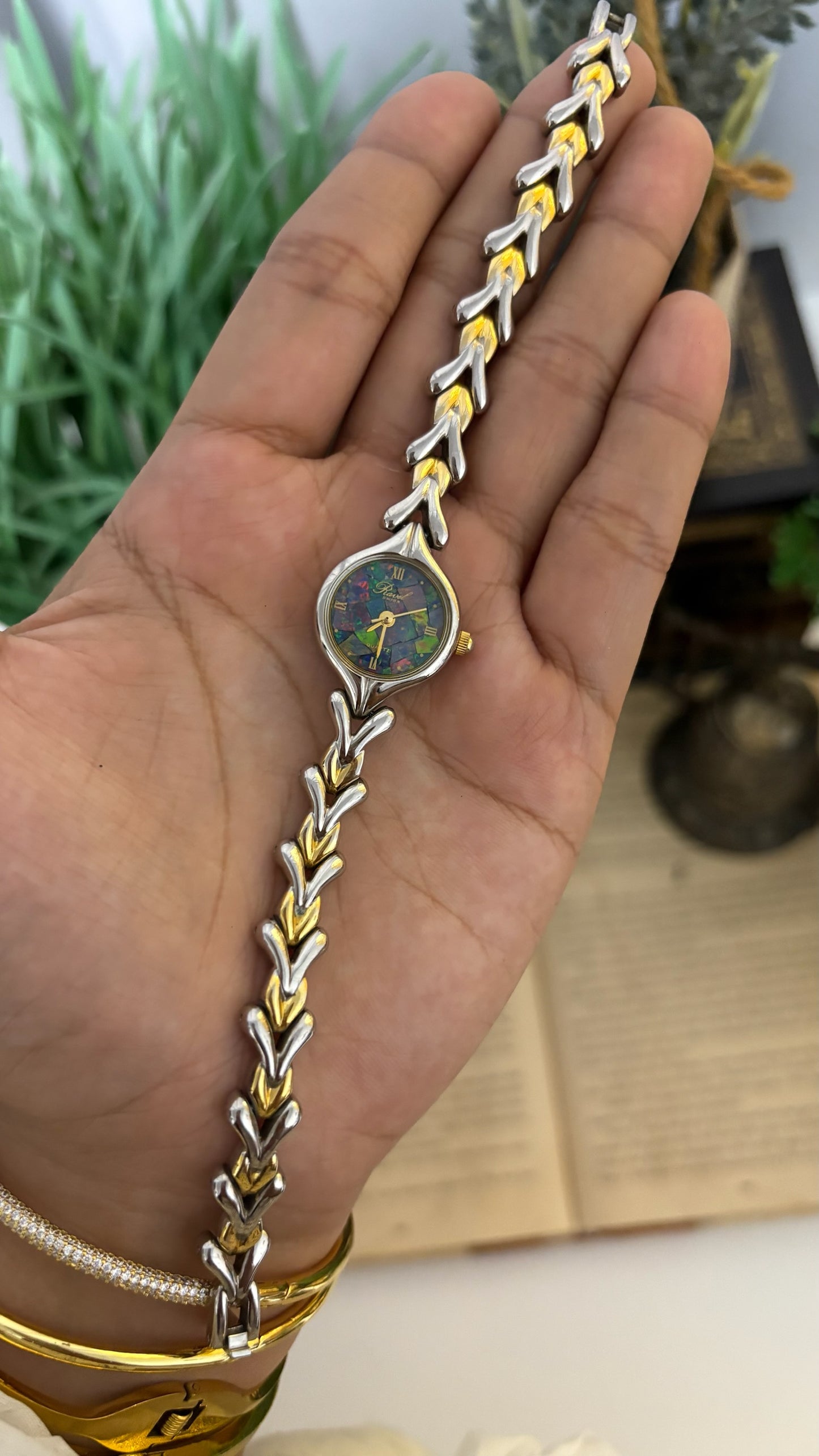 Vintage Ravel Swiss Faux-Opal Mosaic Dial Watch with Two-Tone V-Chevron Links in Quartz