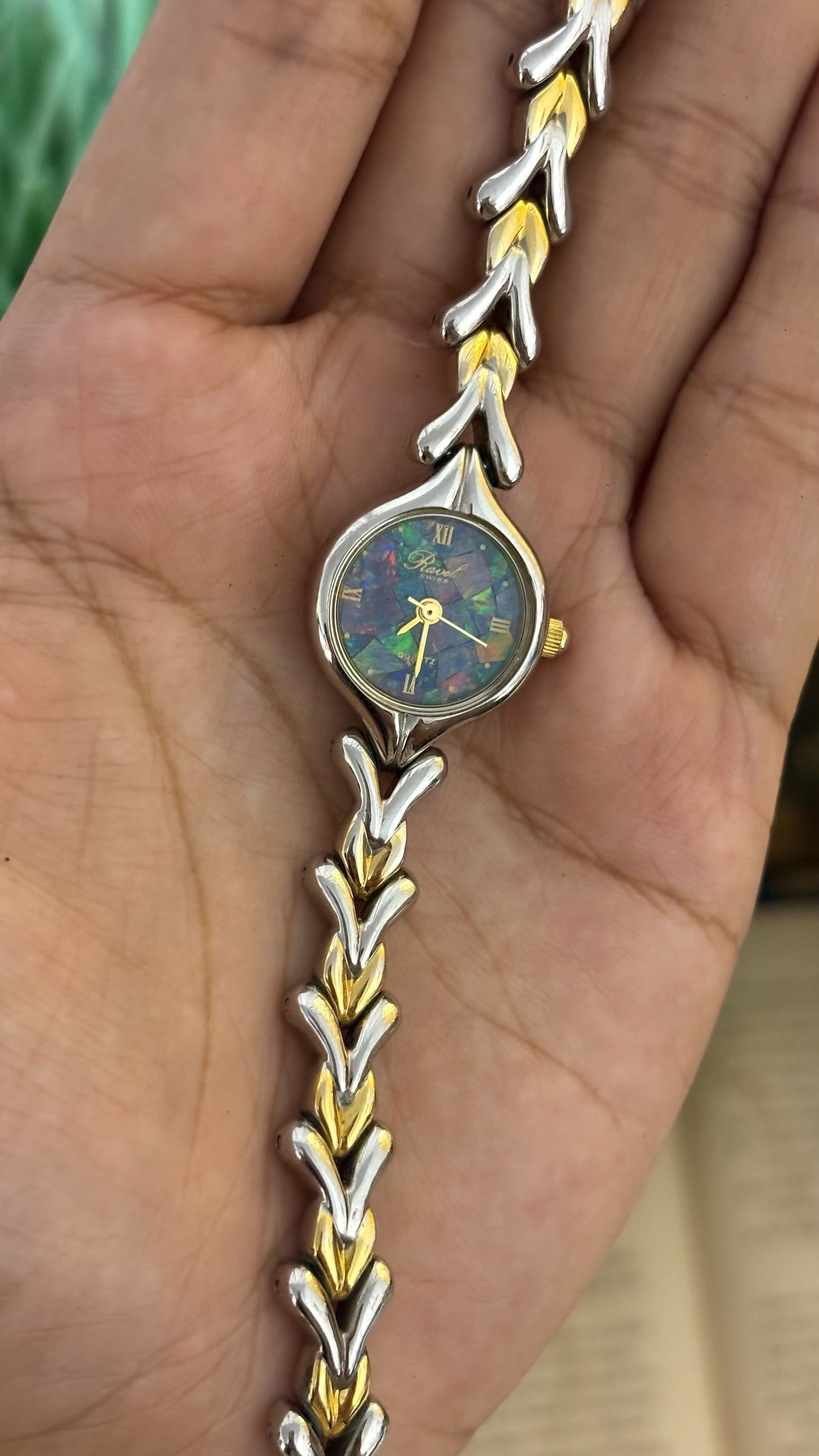 Vintage Ravel Swiss Faux-Opal Mosaic Dial Watch with Two-Tone V-Chevron Links in Quartz