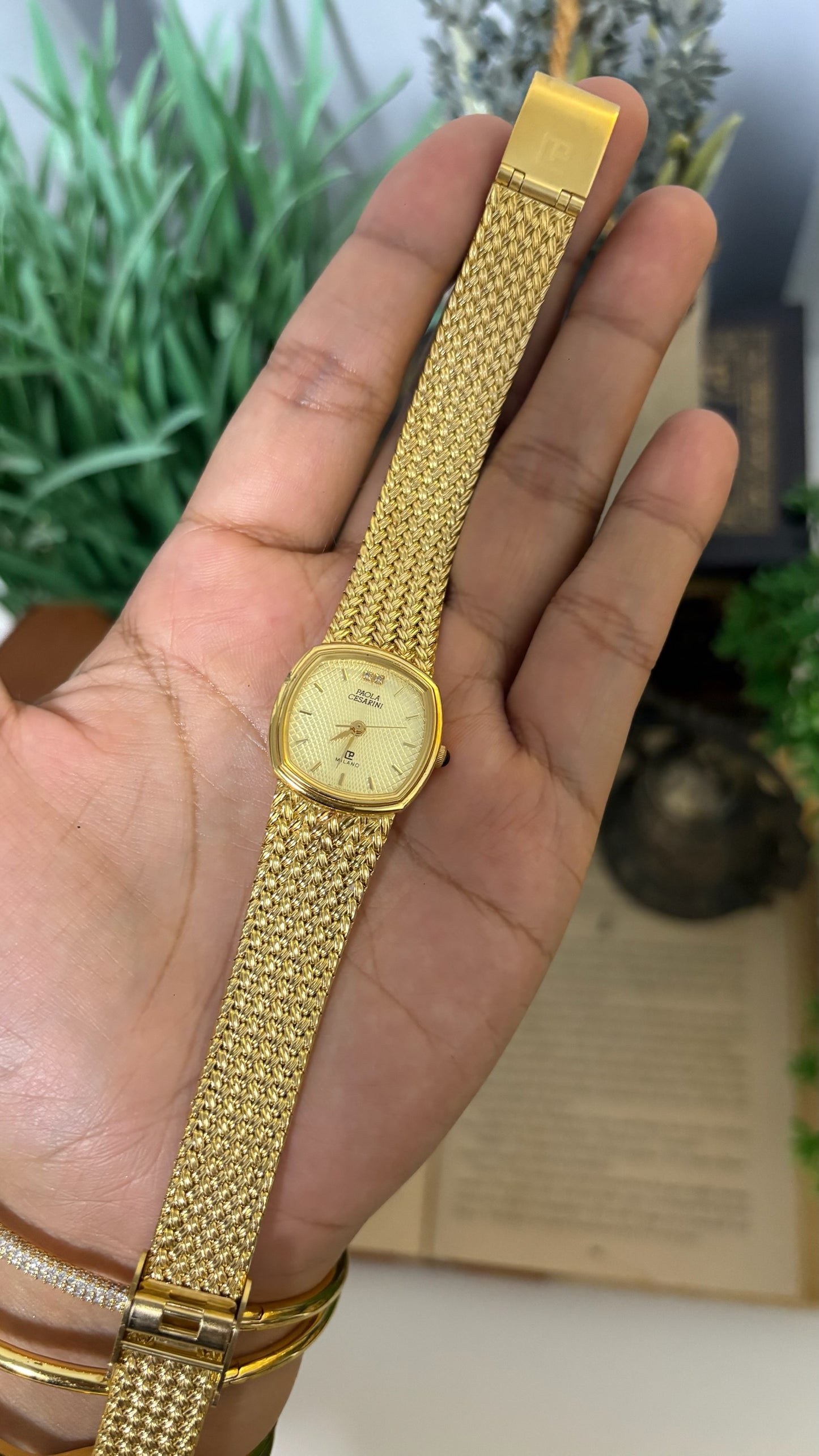 Vintage Paola Cesarini Milano Cushion Watch with Woven Mesh Strap in Gold Tone Quartz