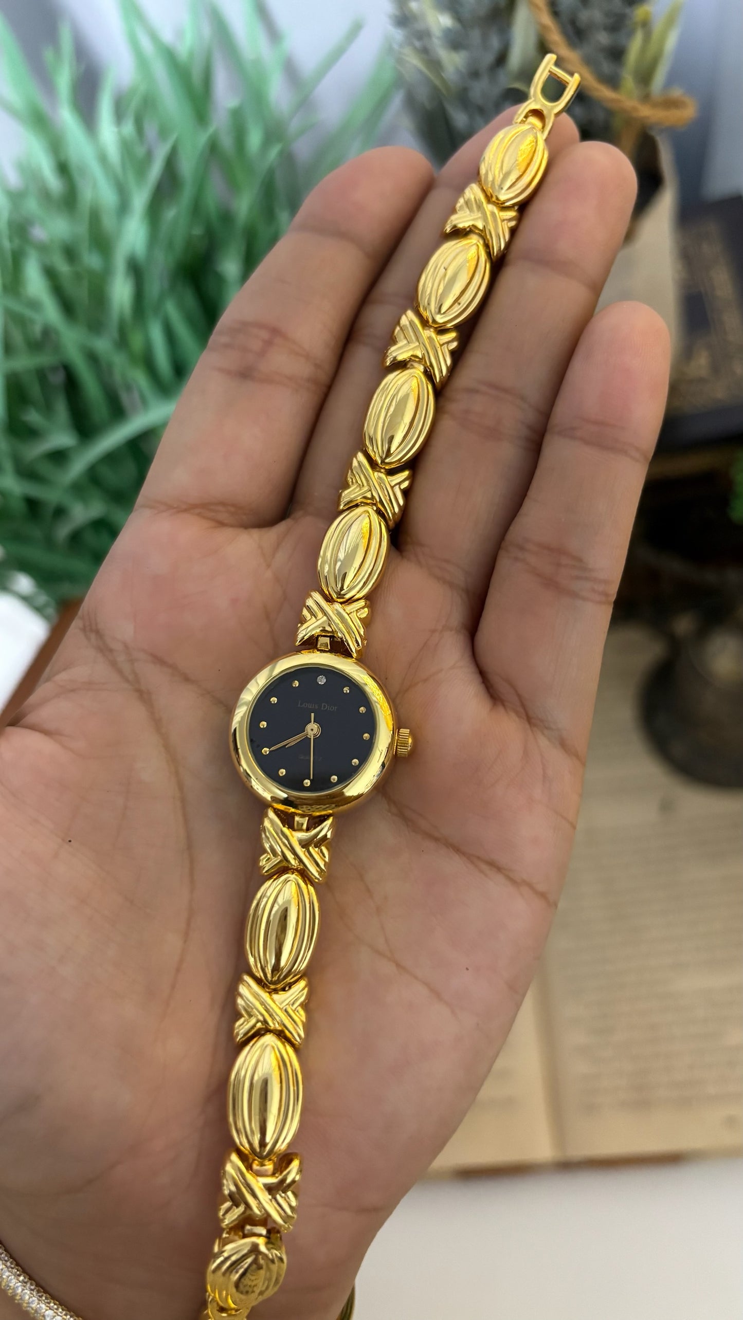 Vintage Louis Dior Round Black Dial Watch with Ornate Fluted Links in Gold Tone Quartz
