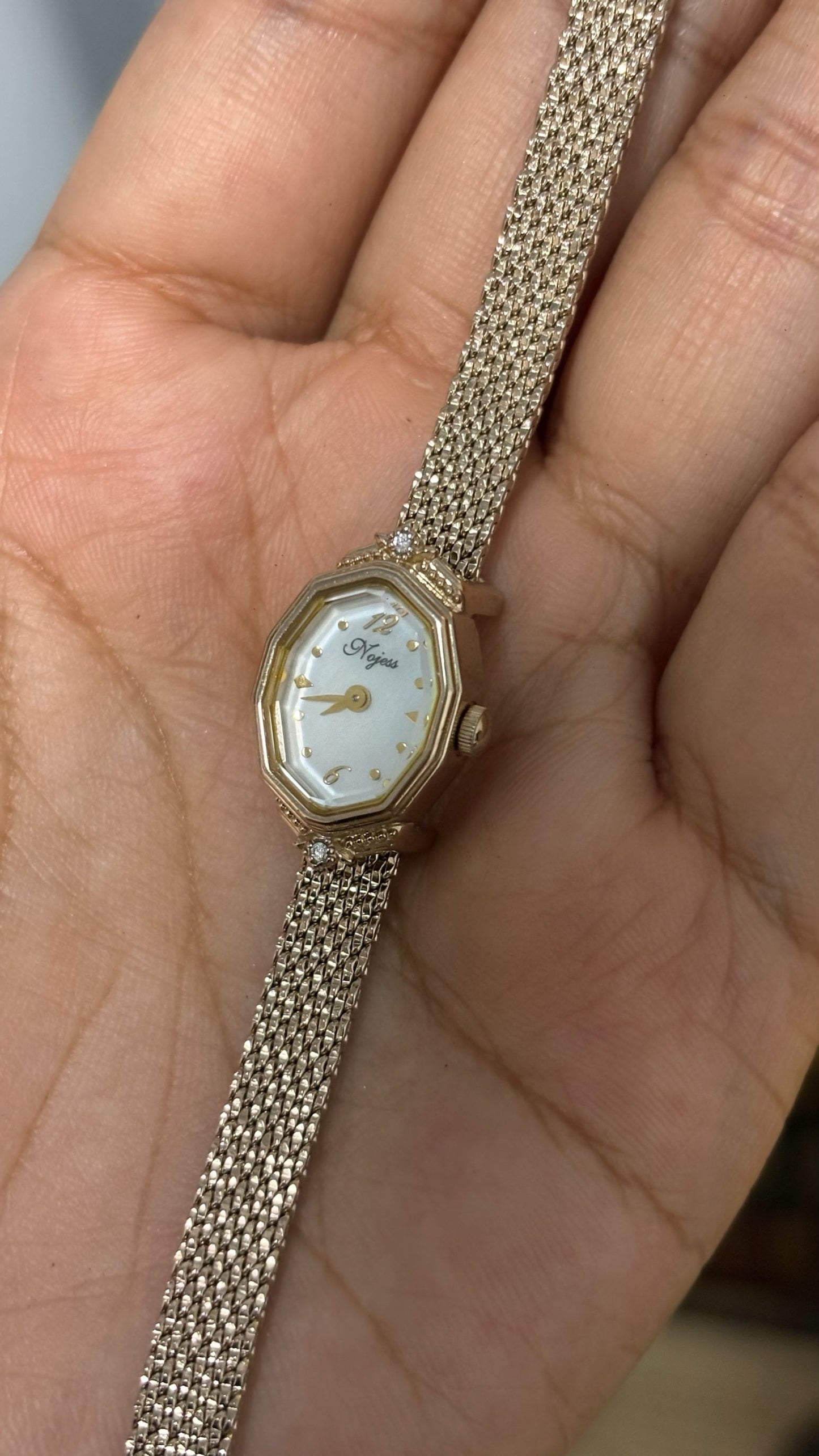 Vintage Nojess Octagonal Watch with Mesh Strap in Gold Tone Quartz