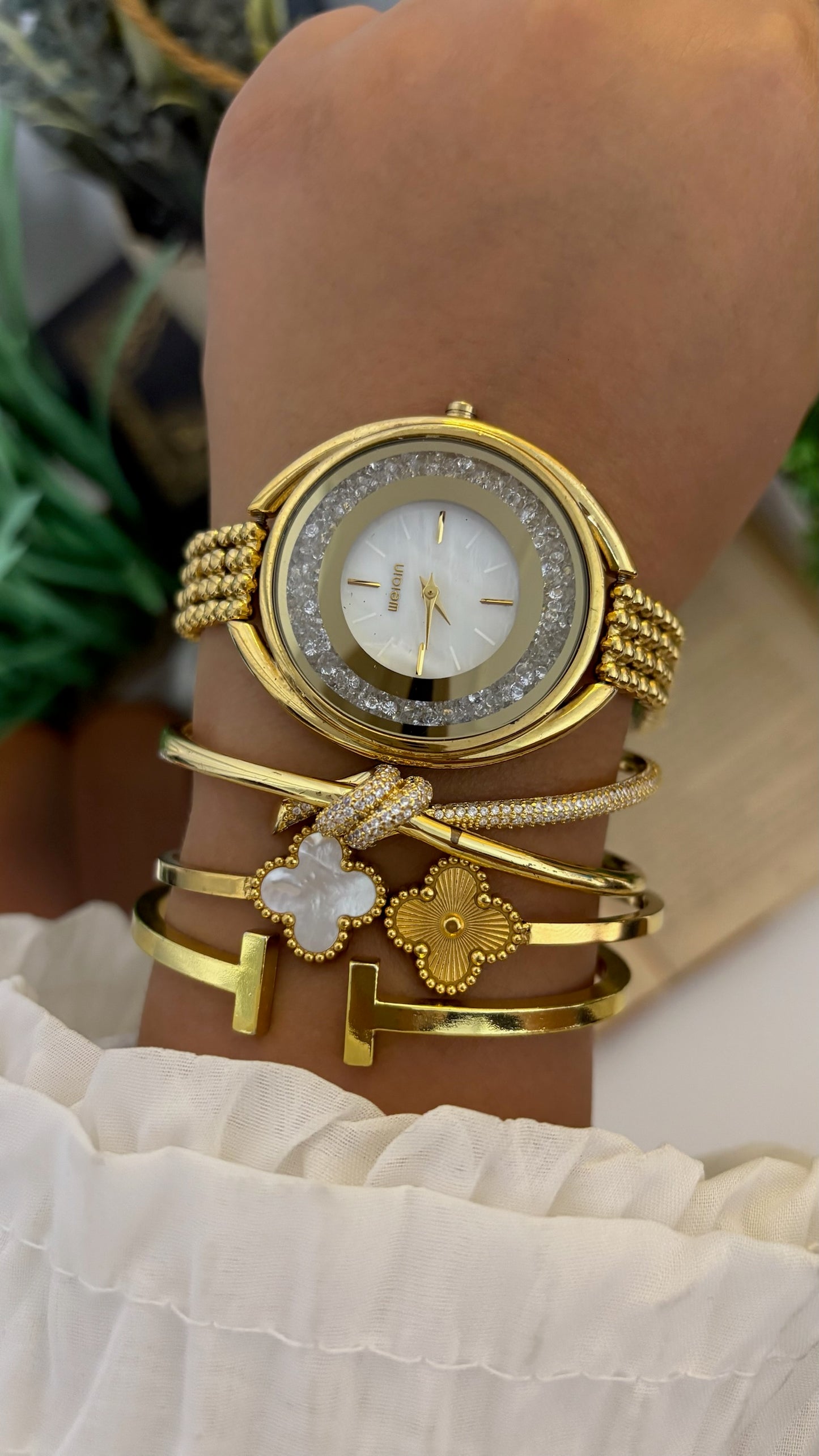 Vintage Weiqin Floating Crystal Ring Watch with Multi-Bead Bracelet in Gold Tone Quartz