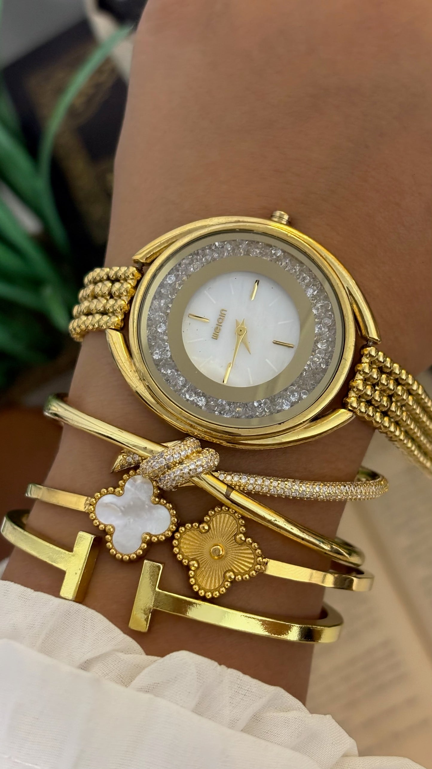 Vintage Weiqin Floating Crystal Ring Watch with Multi-Bead Bracelet in Gold Tone Quartz