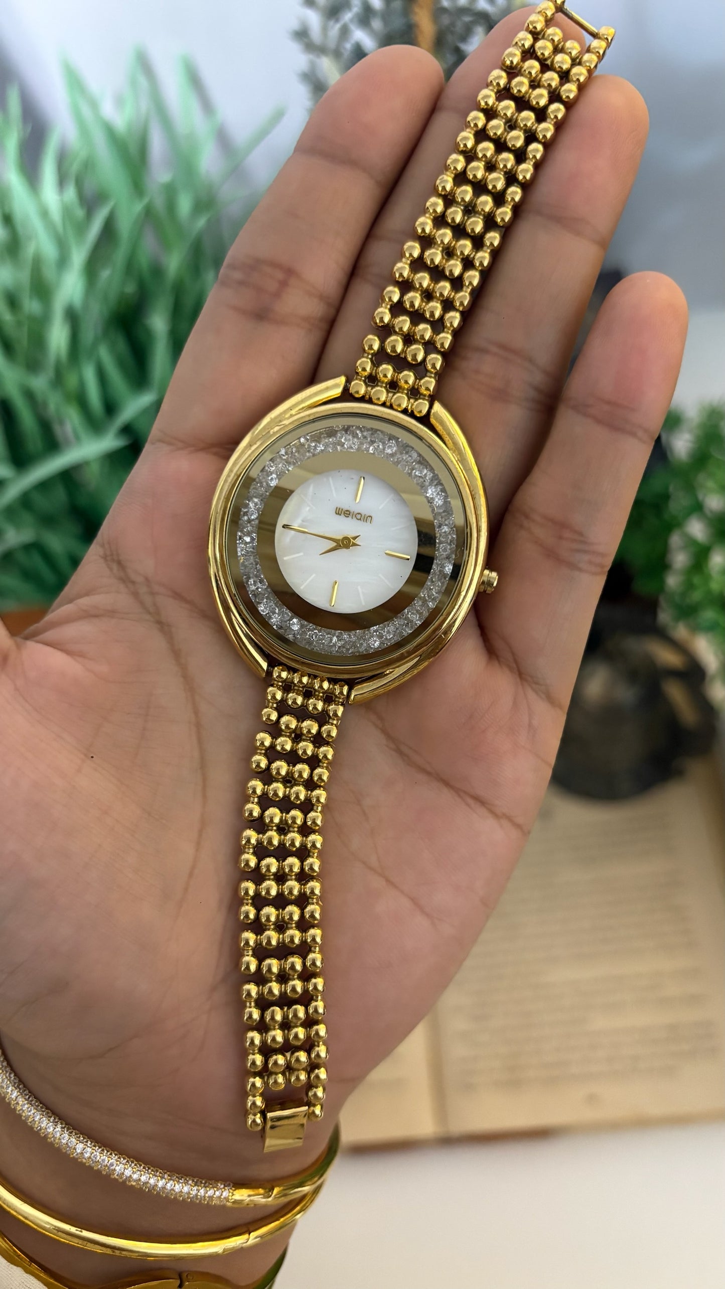 Vintage Weiqin Floating Crystal Ring Watch with Multi-Bead Bracelet in Gold Tone Quartz