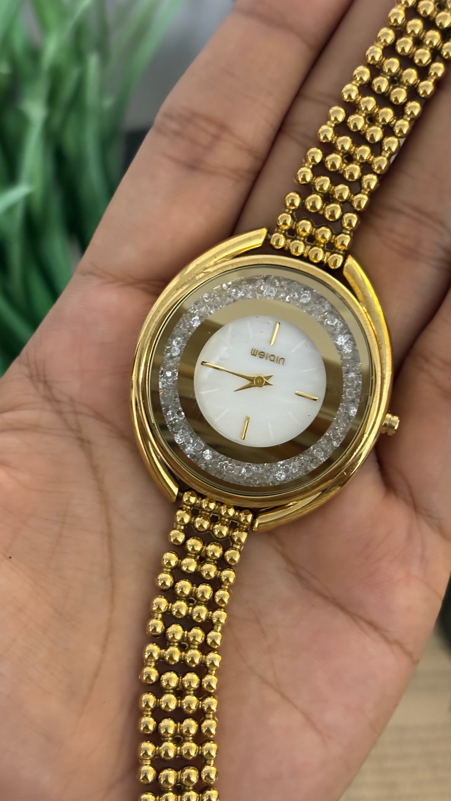 Vintage Weiqin Floating Crystal Ring Watch with Multi-Bead Bracelet in Gold Tone Quartz