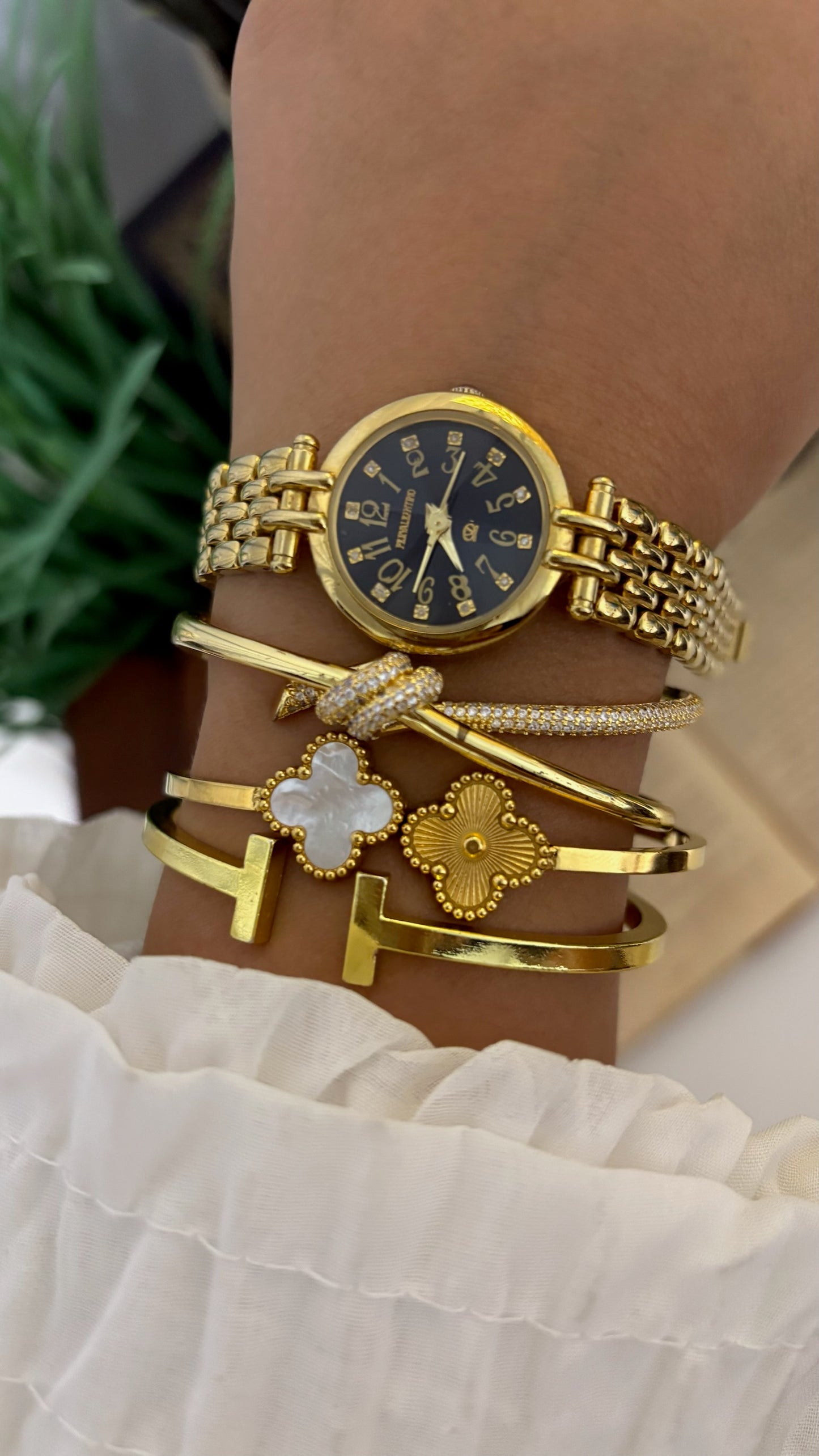 Vintage Pierra Valentino Black Dial Watch with Multi-Link Bracelet in Gold Tone Quartz