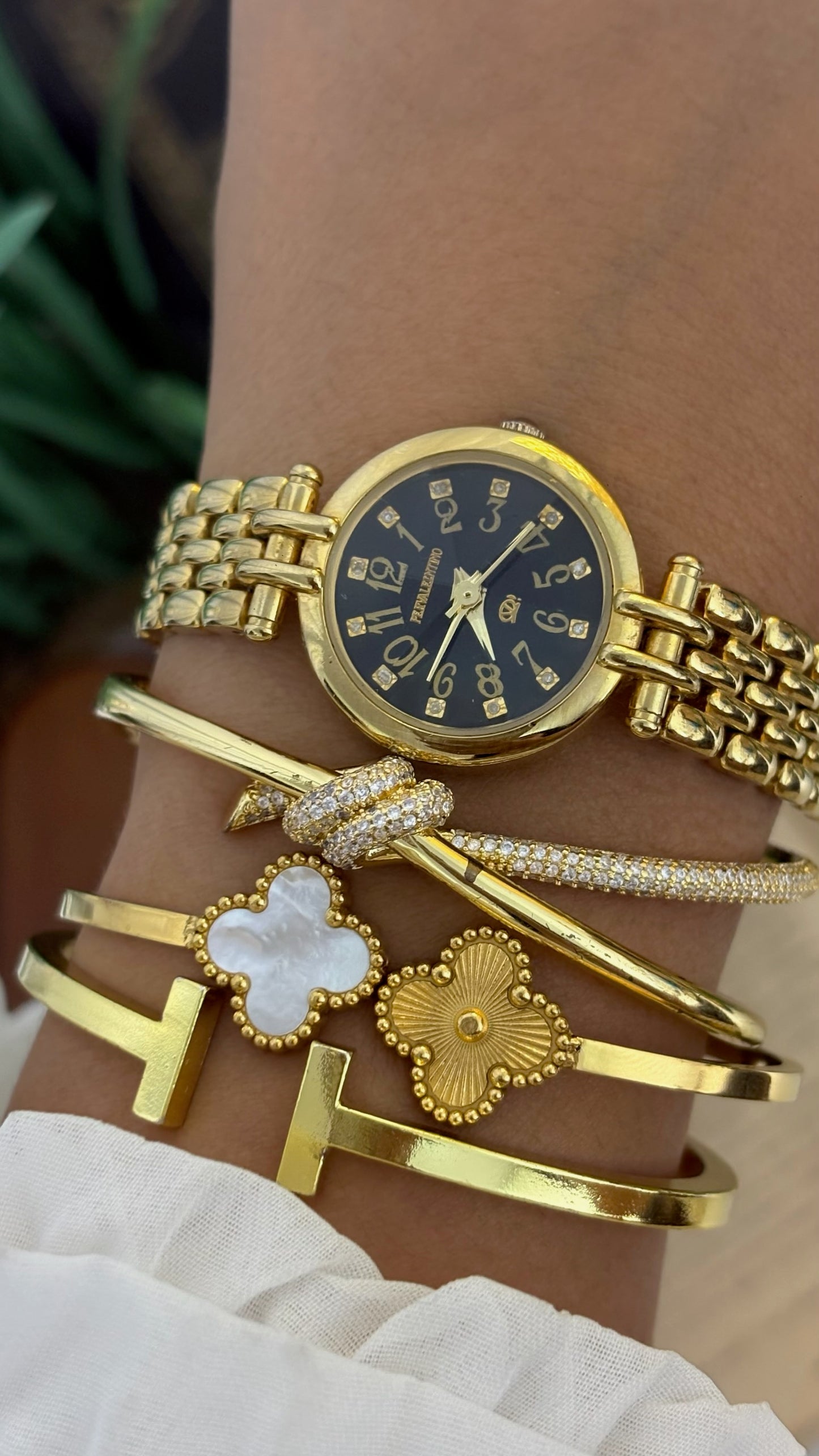 Vintage Pierra Valentino Black Dial Watch with Multi-Link Bracelet in Gold Tone Quartz