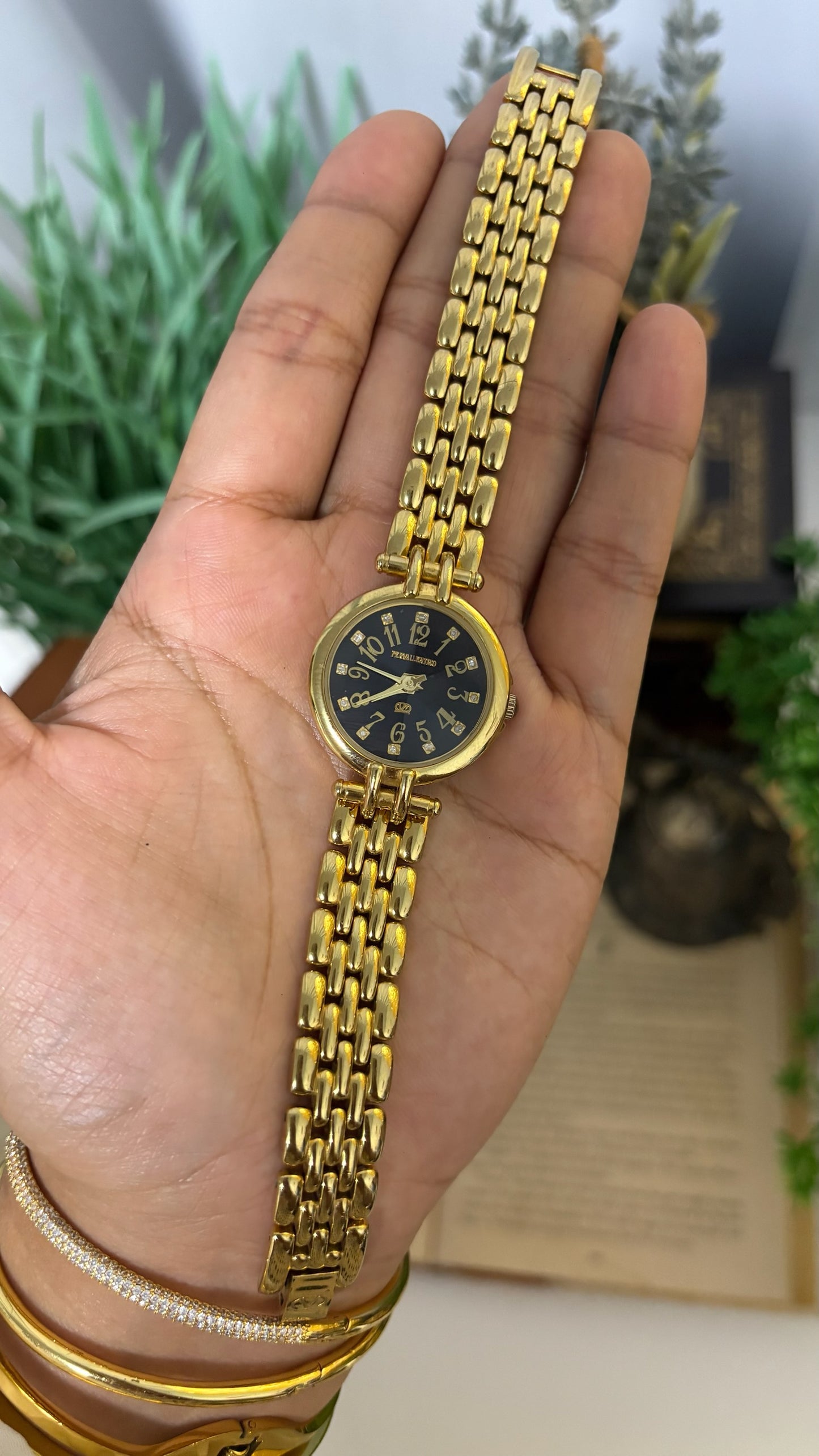 Vintage Pierra Valentino Black Dial Watch with Multi-Link Bracelet in Gold Tone Quartz