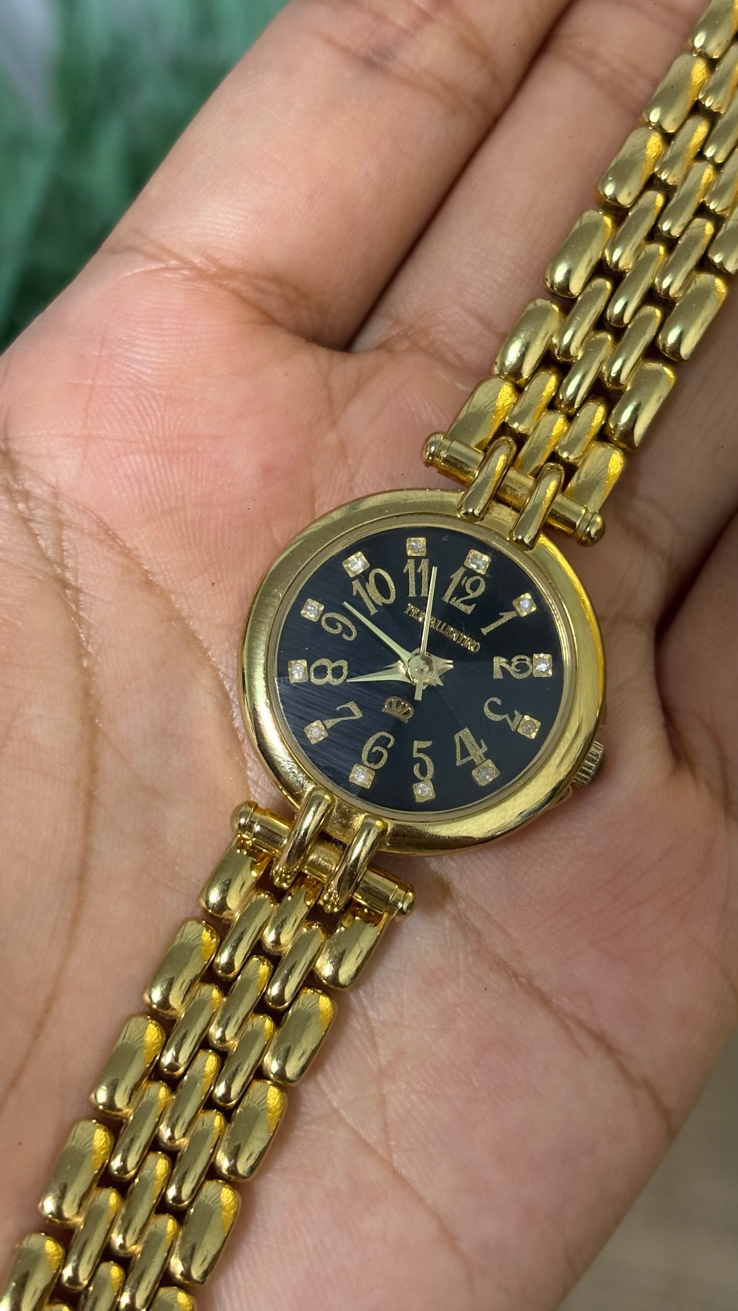 Vintage Pierra Valentino Black Dial Watch with Multi-Link Bracelet in Gold Tone Quartz