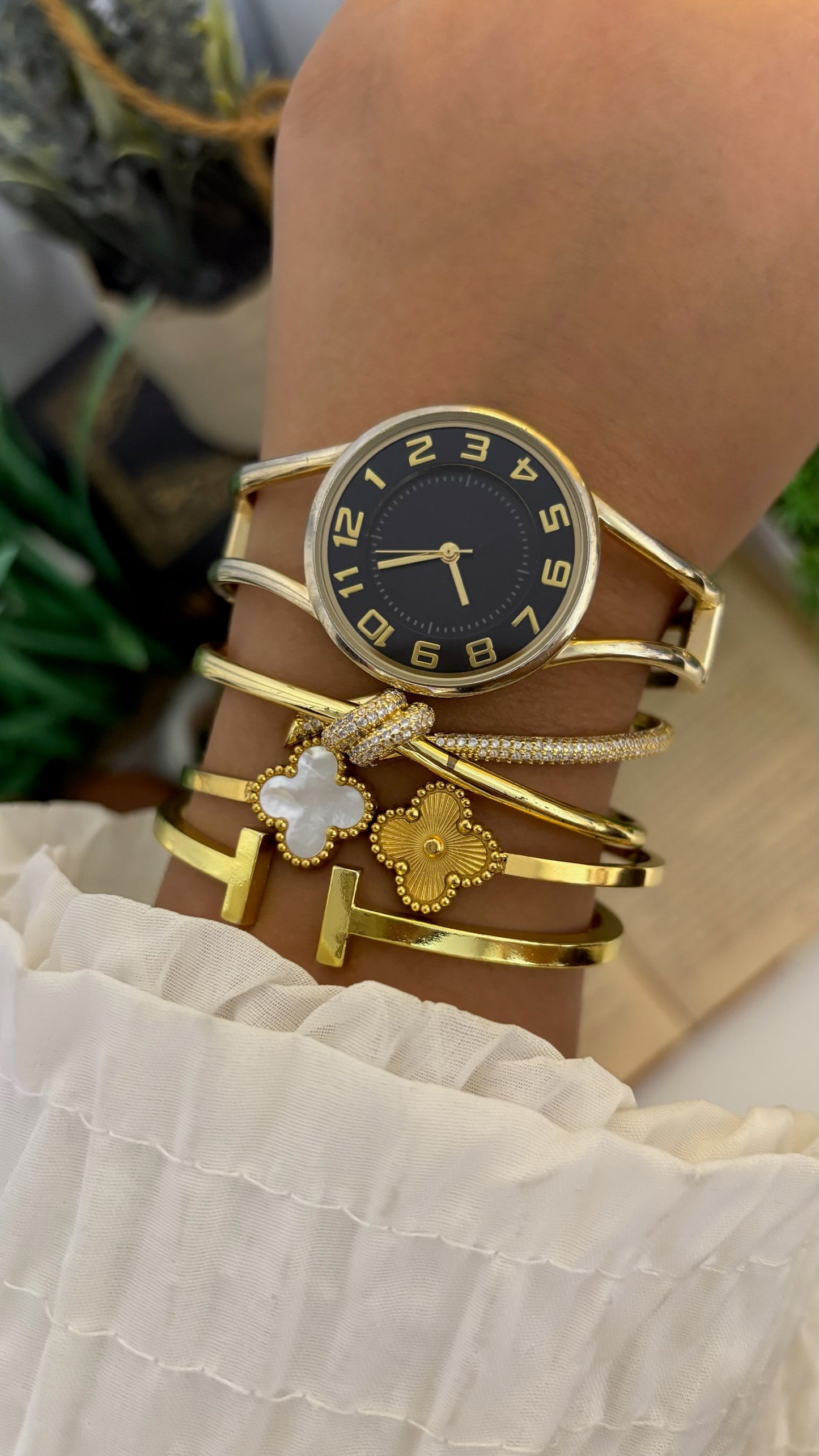 Vintage Jaxis Round Watch with Gold Tone Bangle Bracelet