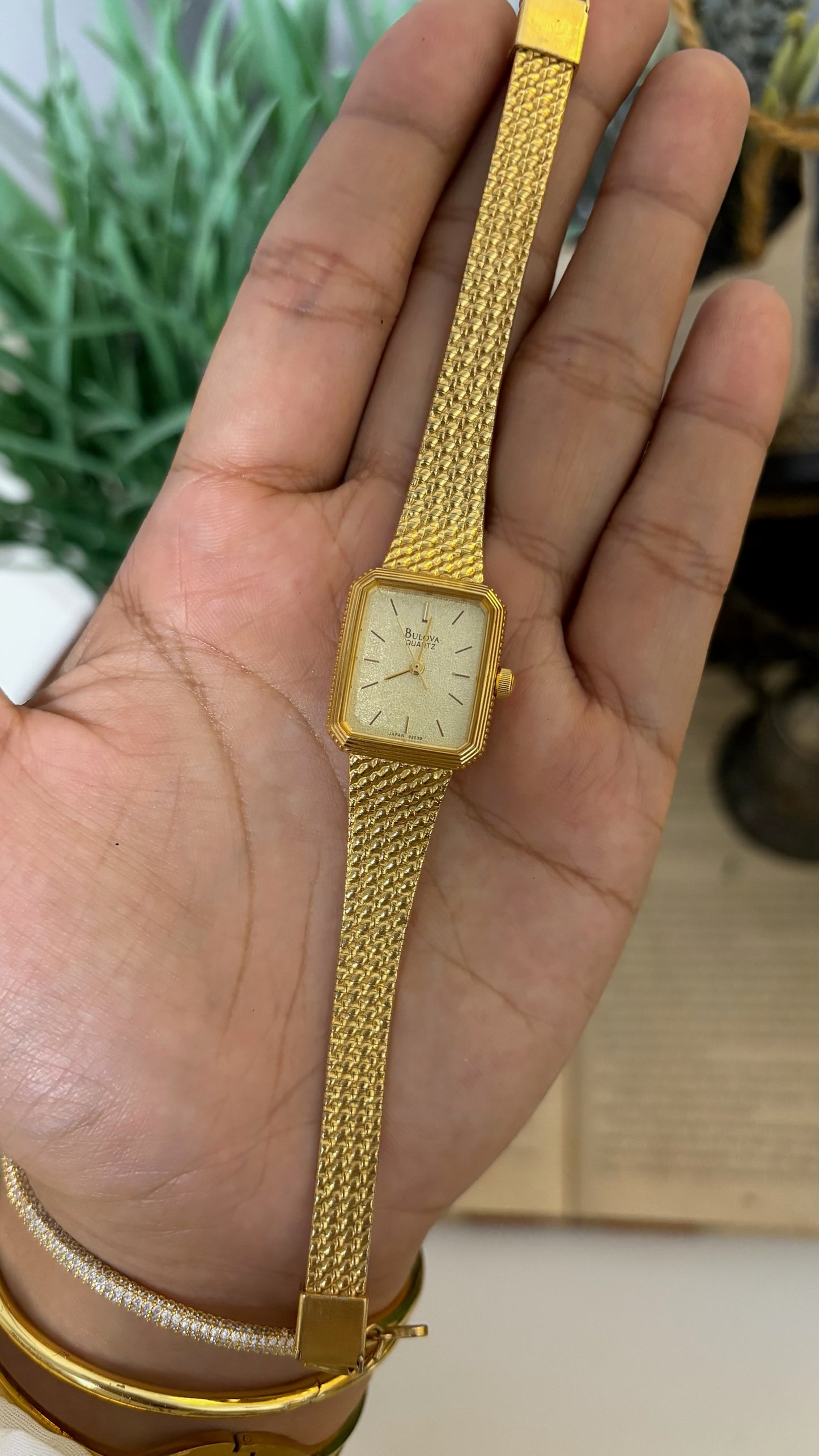 Vintage Bulova Rectangular Watch with Gold Tone Textured Link Strap