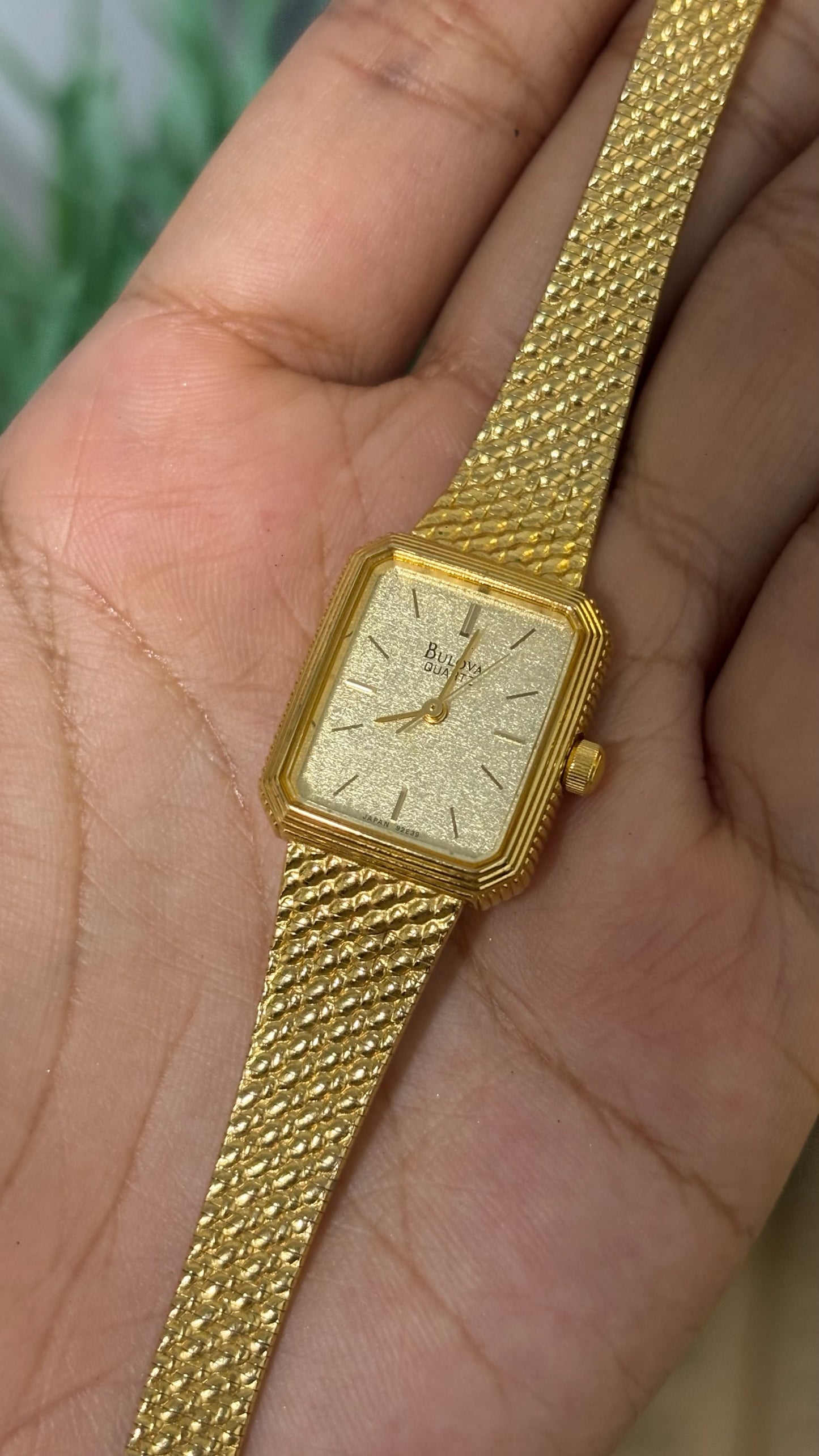 Vintage Bulova Rectangular Watch with Gold Tone Textured Link Strap