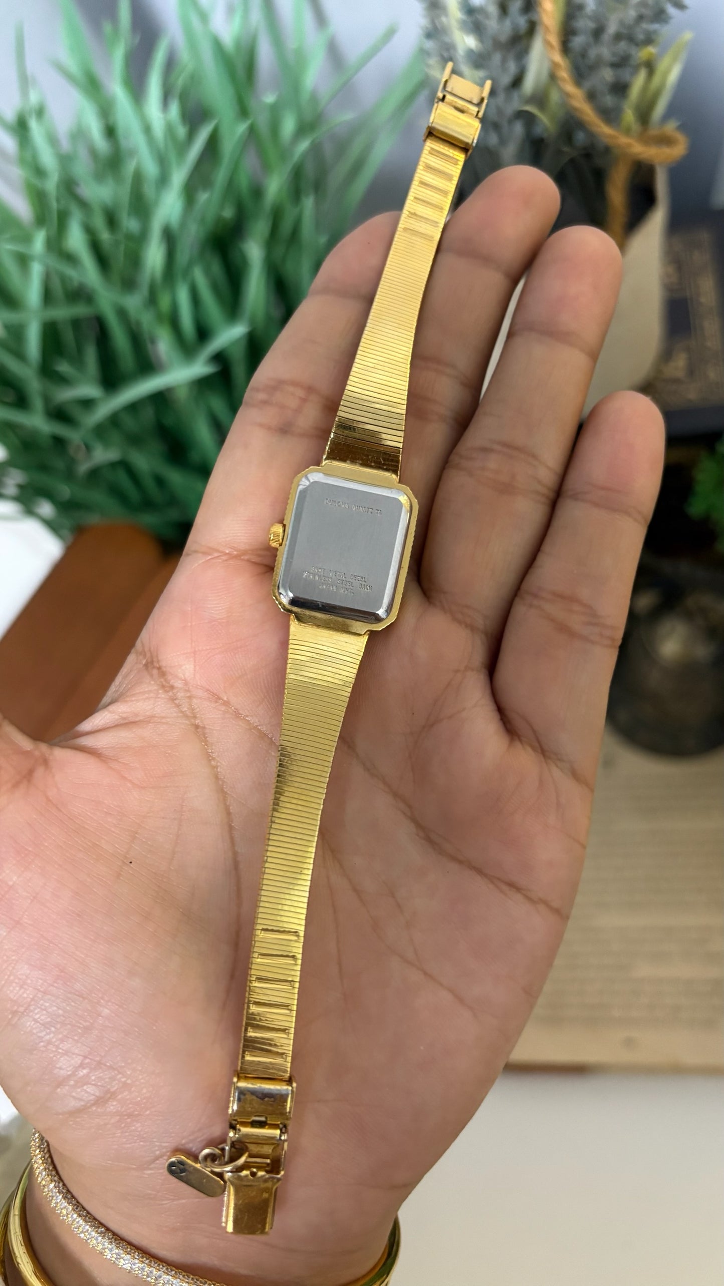Vintage Bulova Rectangular Watch with Gold Tone Textured Link Strap