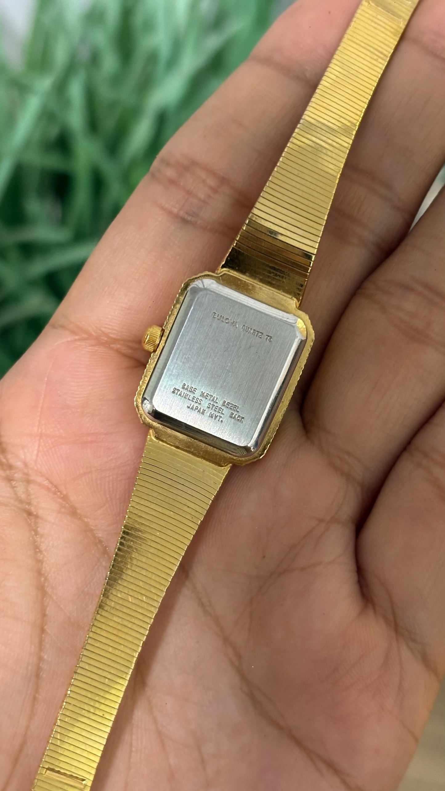 Vintage Bulova Rectangular Watch with Gold Tone Textured Link Strap
